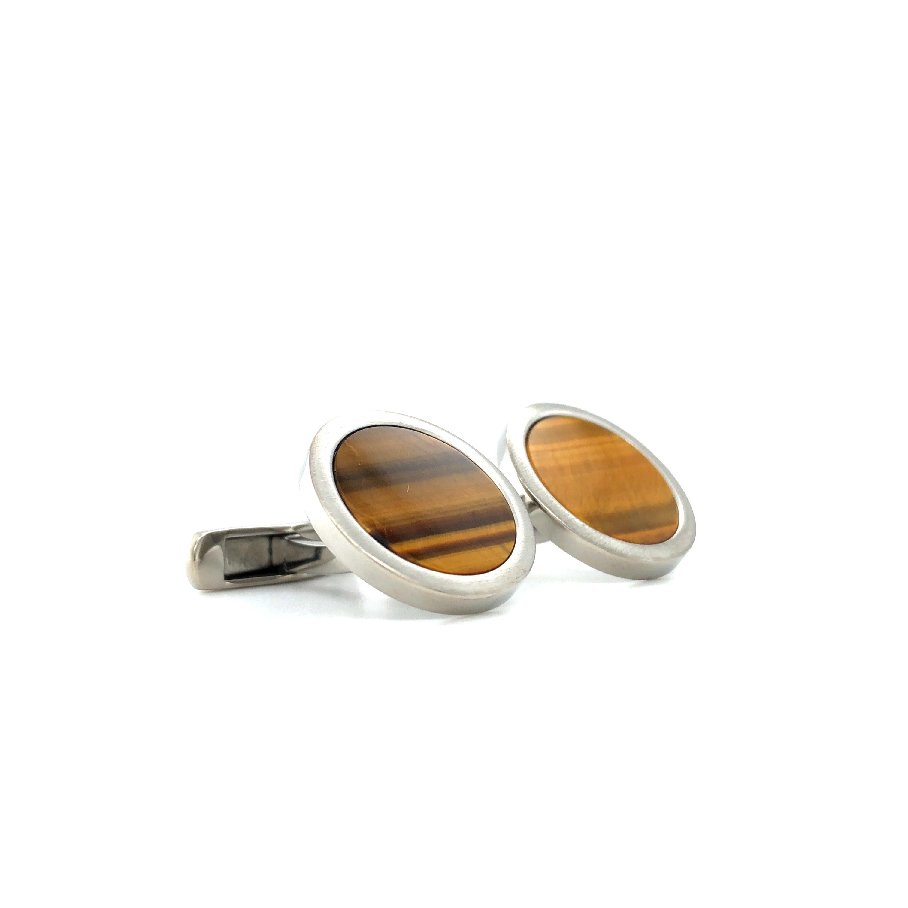 Boutons de manchette ronds - Acier inoxydable - incrustation de pierres précieuses Oeil de tigre - Diamètre 19 mm Neuf - En vente à Pforzheim, DE