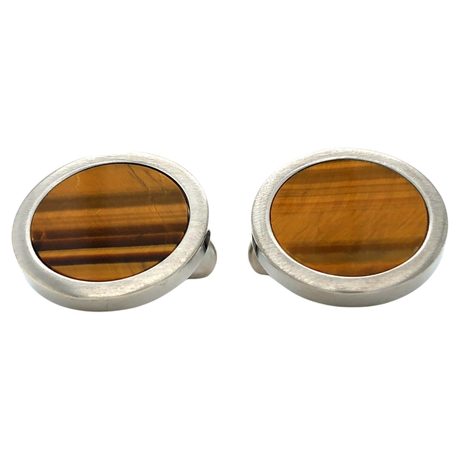 Round Cufflinks - Stainless Steel - Tiger Eye Gemstone Inlay - Diameter 19 mm
