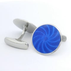 Boutons de manchette ronds - A Silver - Émail guilloché bleu marine Diamètre 20 mm