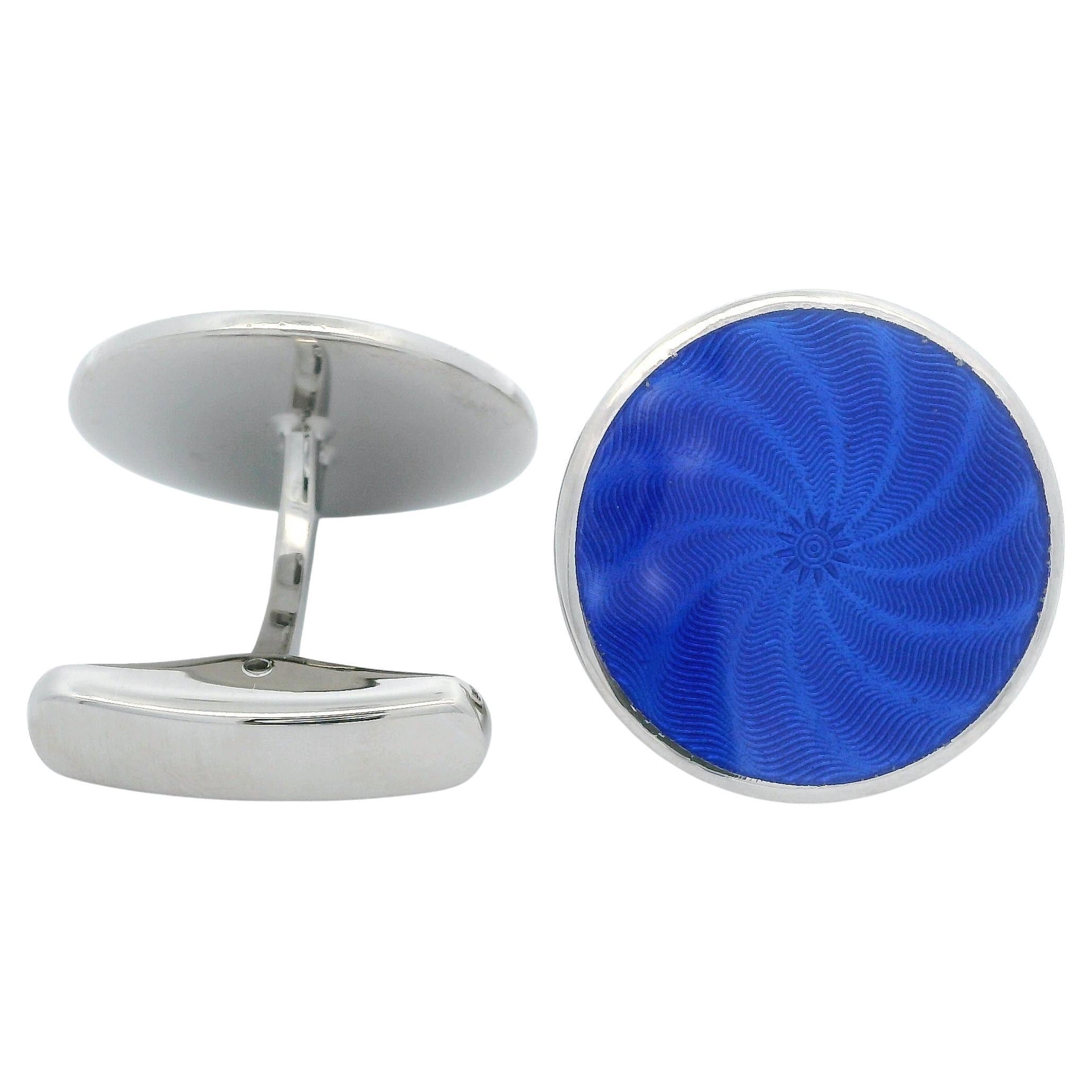 Round Cufflinks - Sterling Silver - Navy Blue Guilloche Enamel Diameter 20 mm