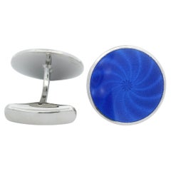 Round Cufflinks - Sterling Silver - Navy Blue Guilloche Enamel Diameter 20 mm
