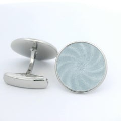 Round Cufflinks - Sterling Silver - Silver Guilloche Enamel - Diameter 20 mm