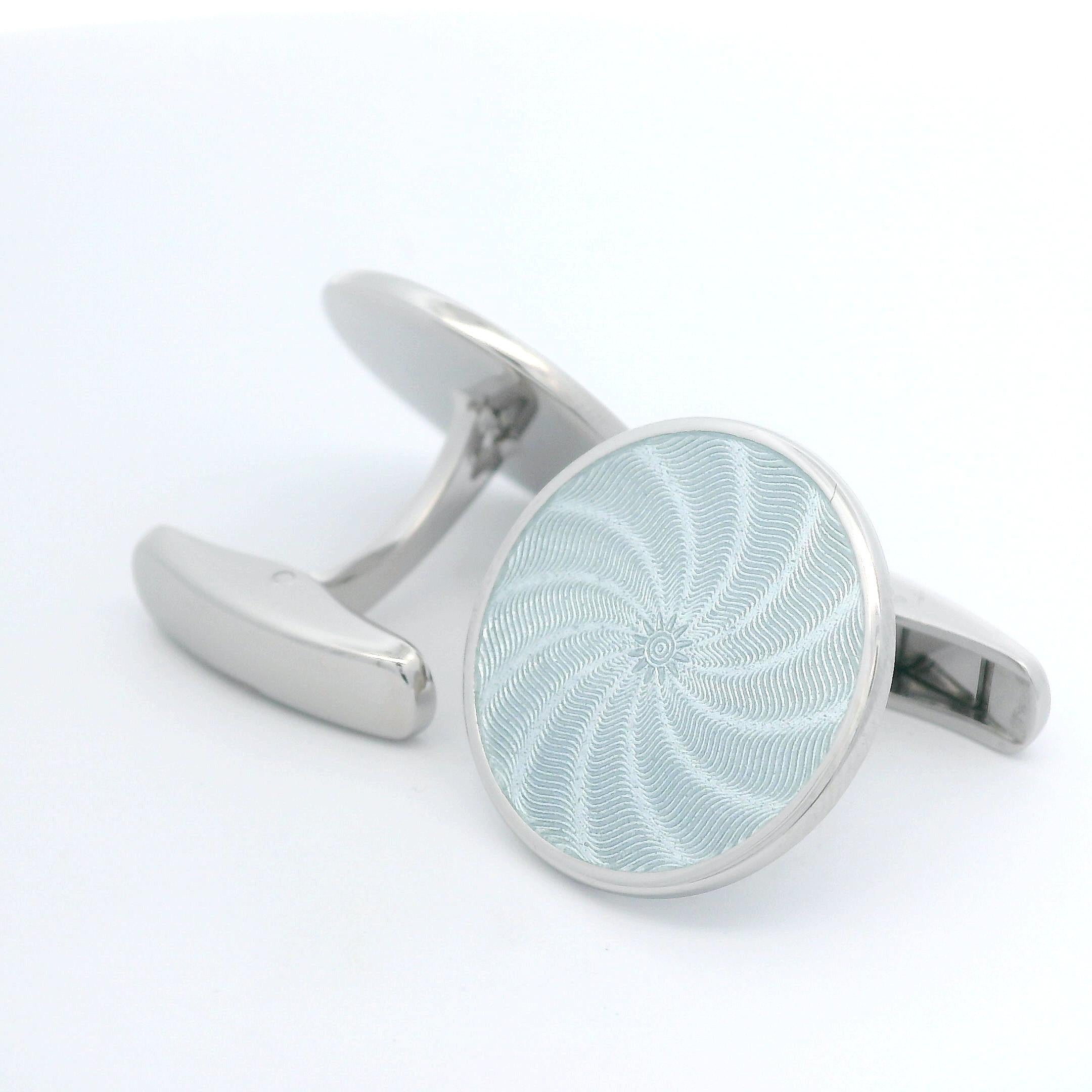 Edwardian Round Cufflinks - Sterling Silver - Silver Guilloche Enamel - Diameter 20 mm For Sale
