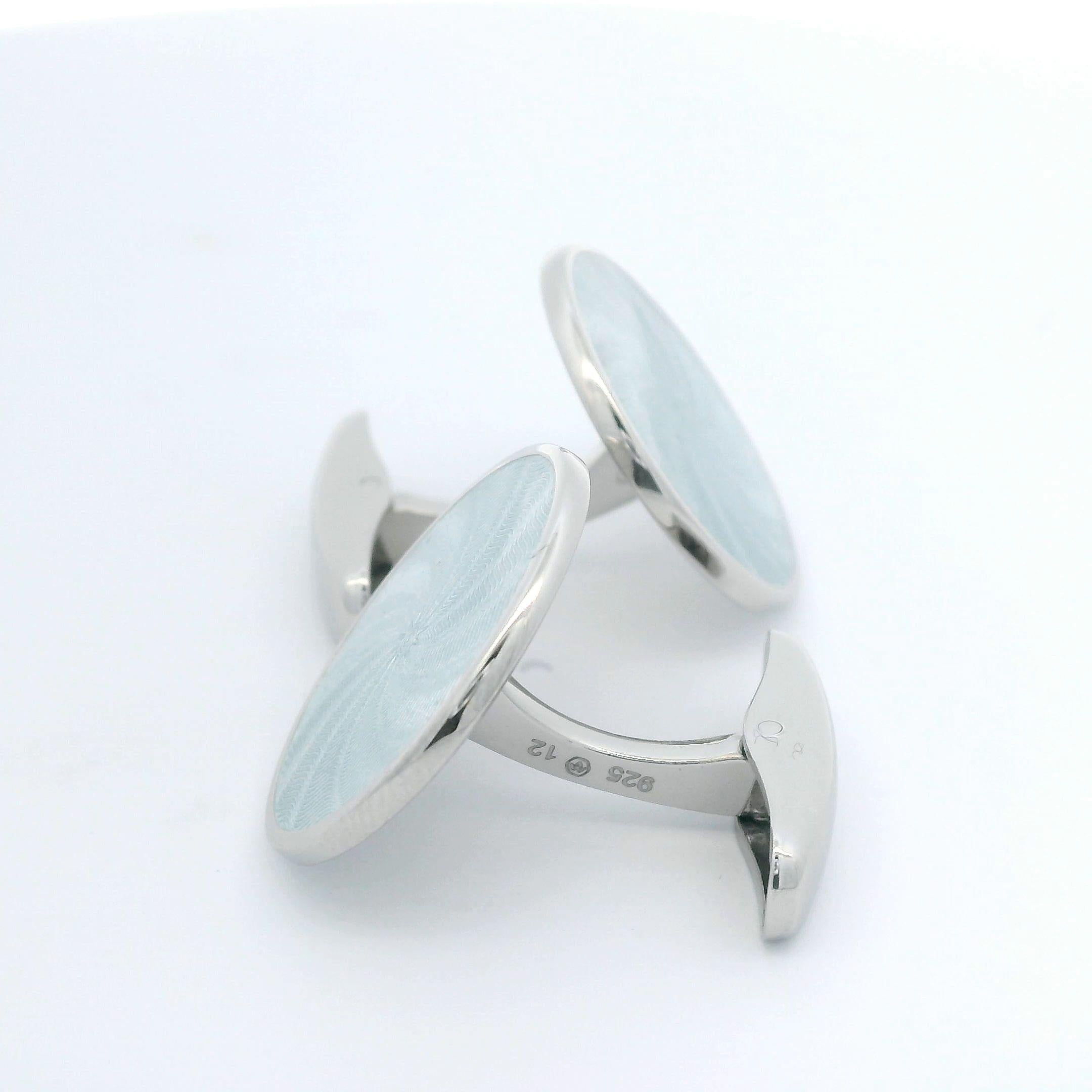 Round Cufflinks - Sterling Silver - Silver Guilloche Enamel - Diameter 20 mm In New Condition For Sale In Pforzheim, DE