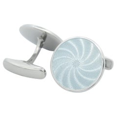 Round Cufflinks - Sterling Silver - Silver Guilloche Enamel - Diameter 20 mm