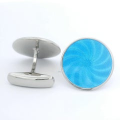 Round Cufflinks - Sterling Silver - Turquoise Guilloche Enamel - Diameter 20 mm