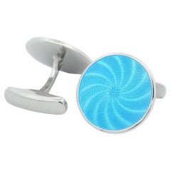 Round Cufflinks - Sterling Silver - Turquoise Guilloche Enamel - Diameter 20 mm