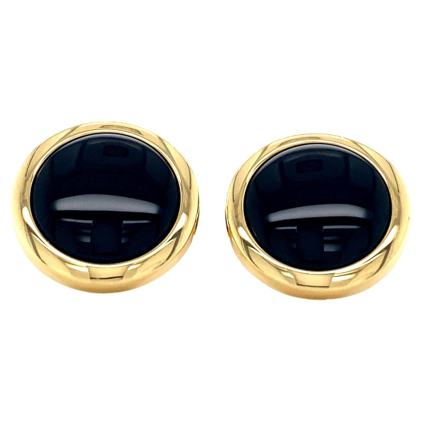 Round Cufflinks with Domed Bezel, 18k Yellow Gold, Onyx Inlay For Sale