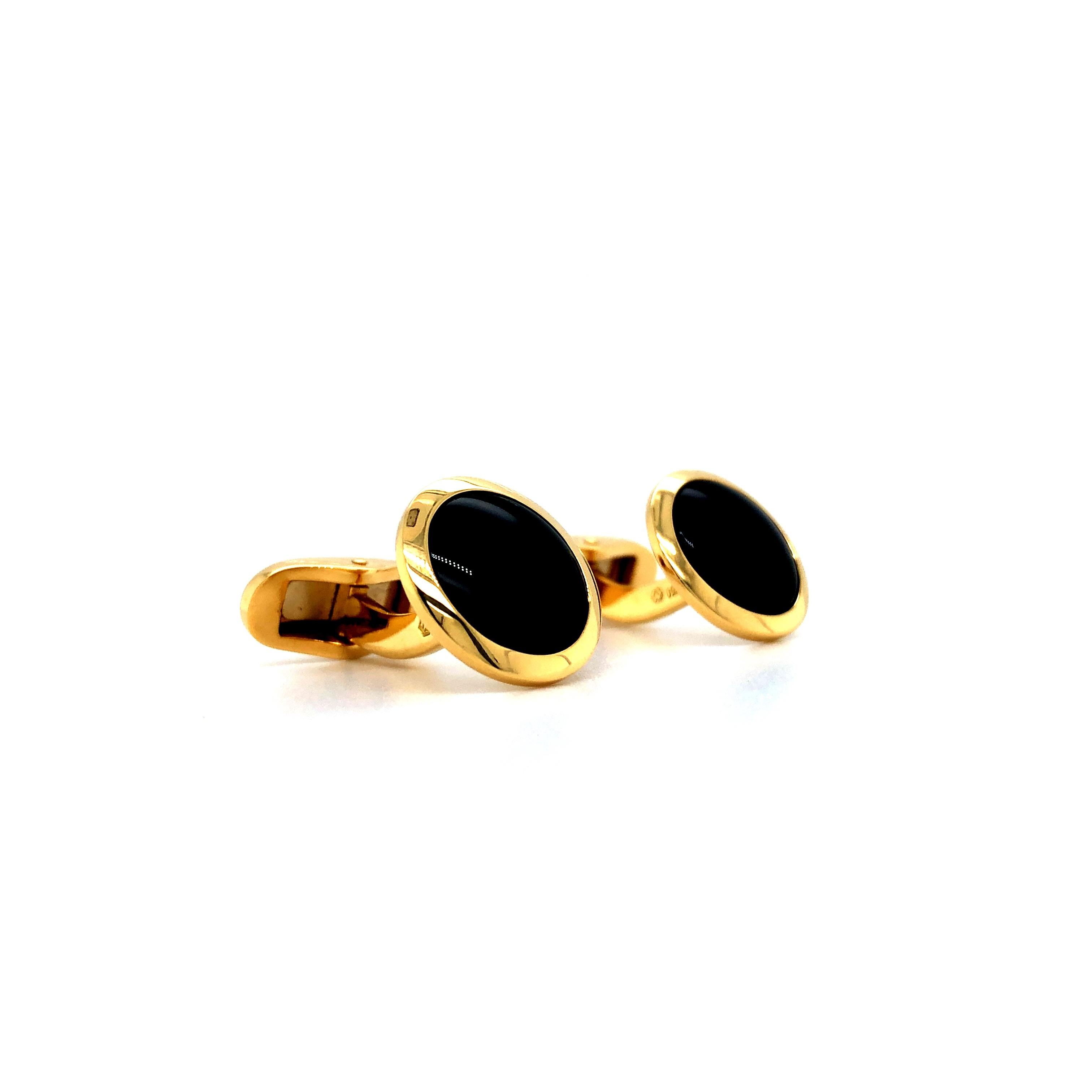 Women's or Men's Round Cufflinks with Domed Bezel, 18k Yellow Gold, Onyx Inlays For Sale
