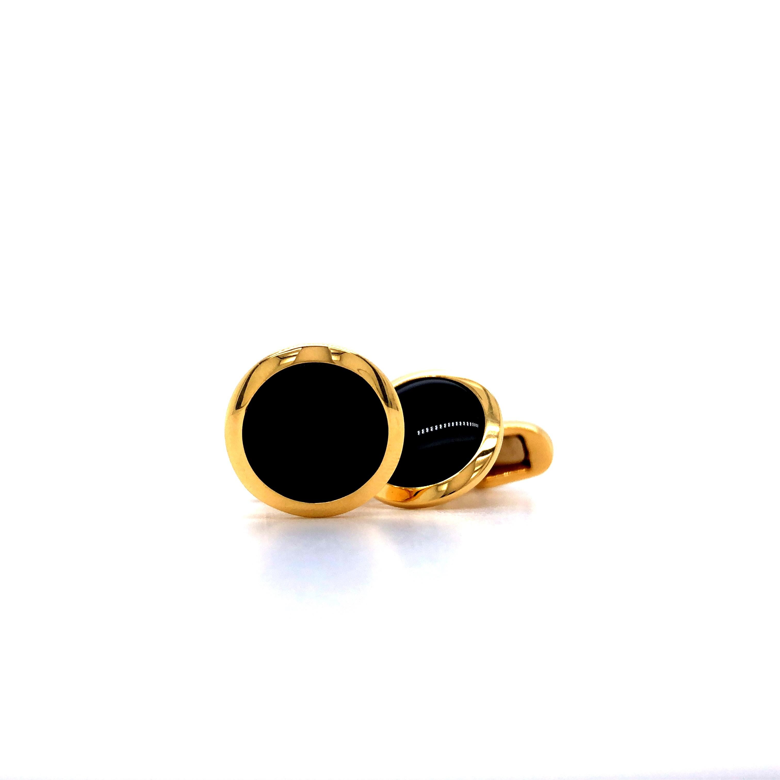 Round Cufflinks with Domed Bezel, 18k Yellow Gold, Onyx Inlays For Sale 2