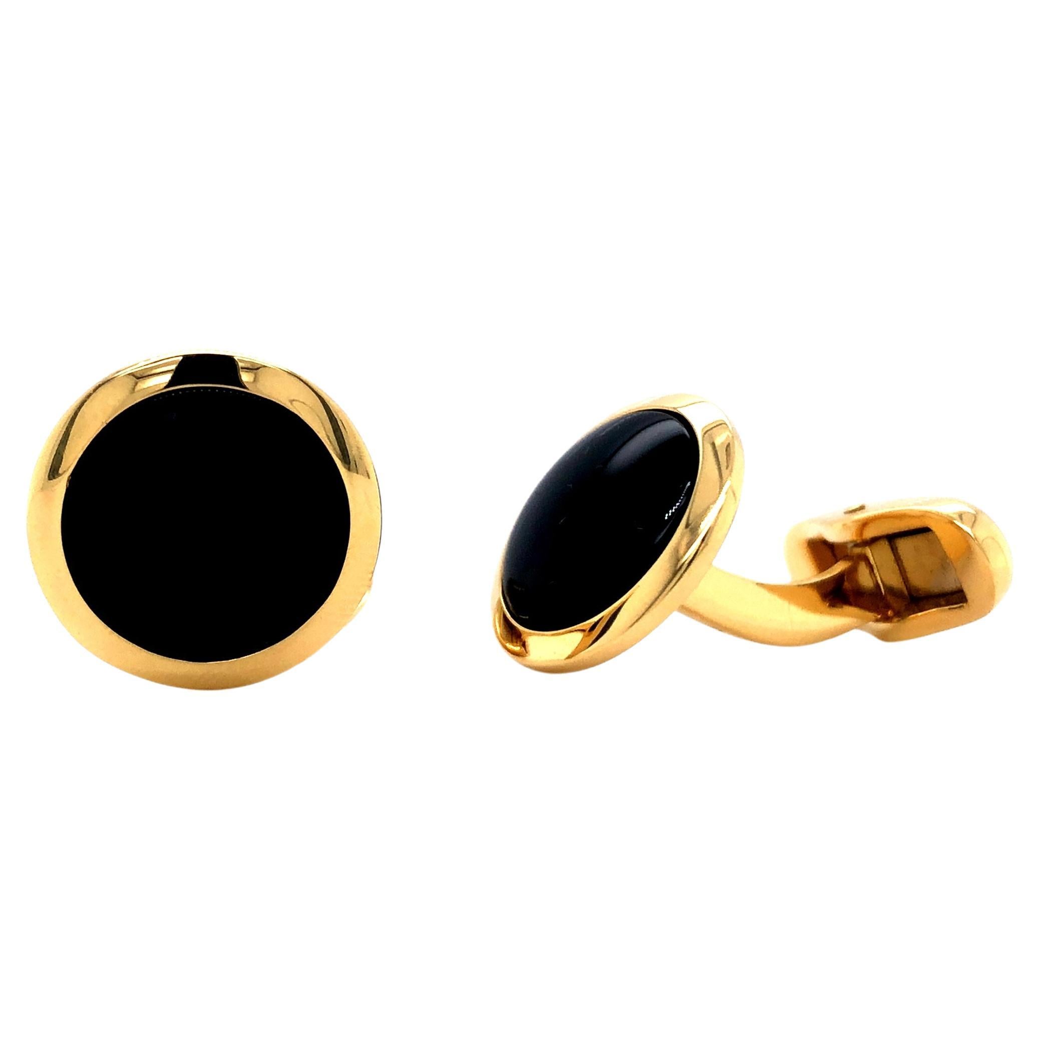 Boutons de manchette ronds avec lunette bombée, or jaune 18 carats, incrustations d'onyx en vente