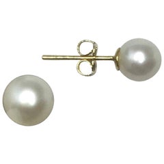 Round Cultured Freshwater White Pearl 9k Yellow Gold Earring Studs