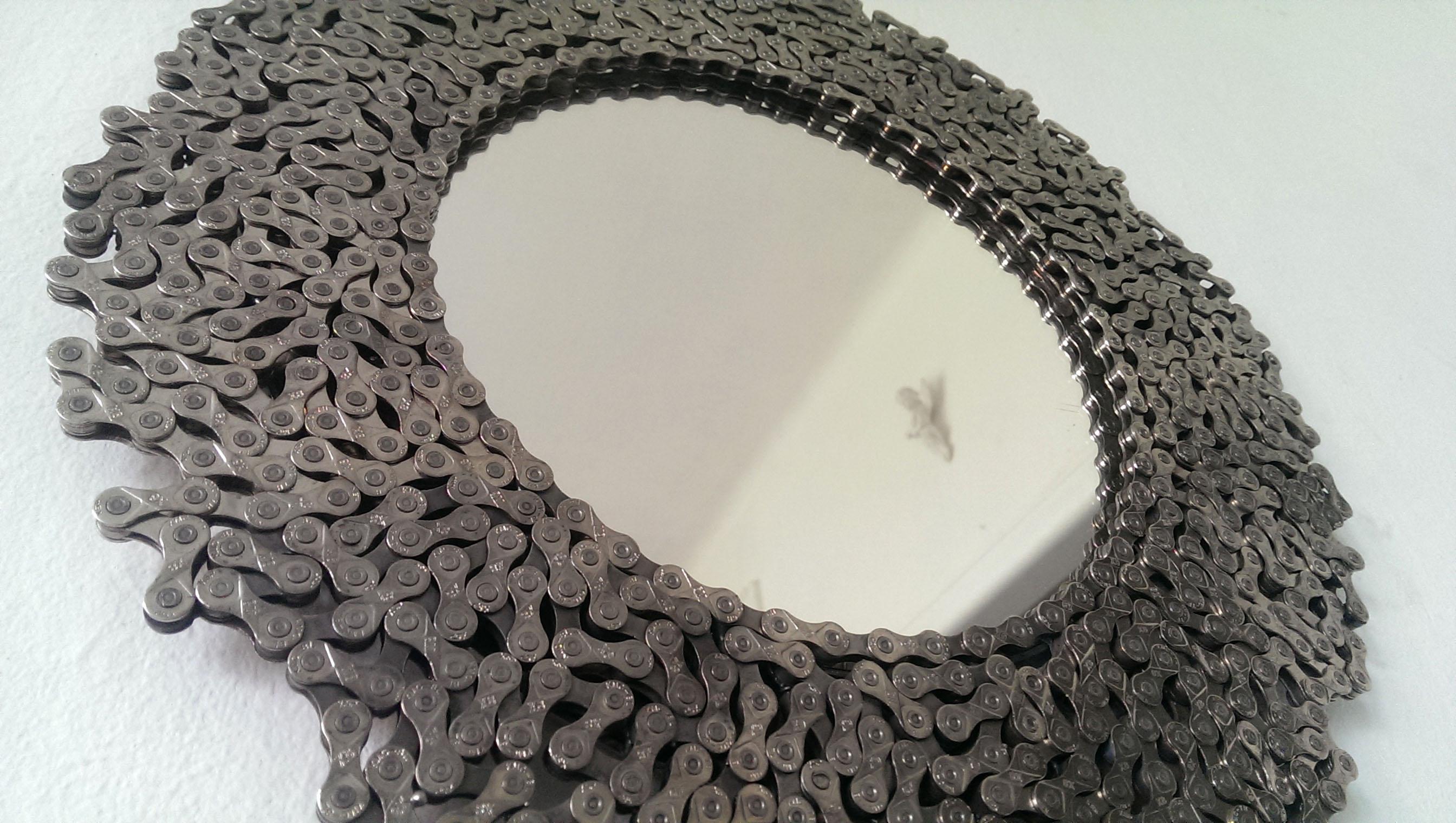 Industrial Round Curly Silver Mirror from Bicycle Chain