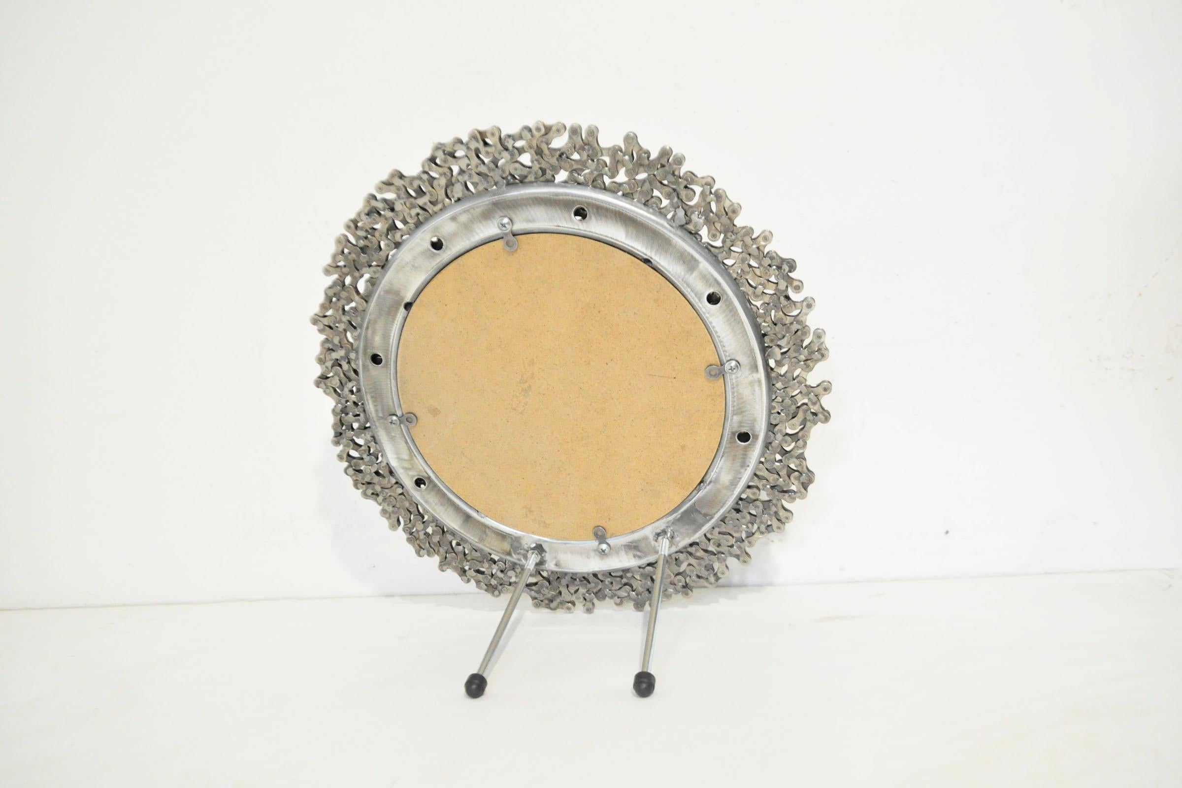 Hand-Crafted Round Curly Silver Mirror from Bicycle Chain