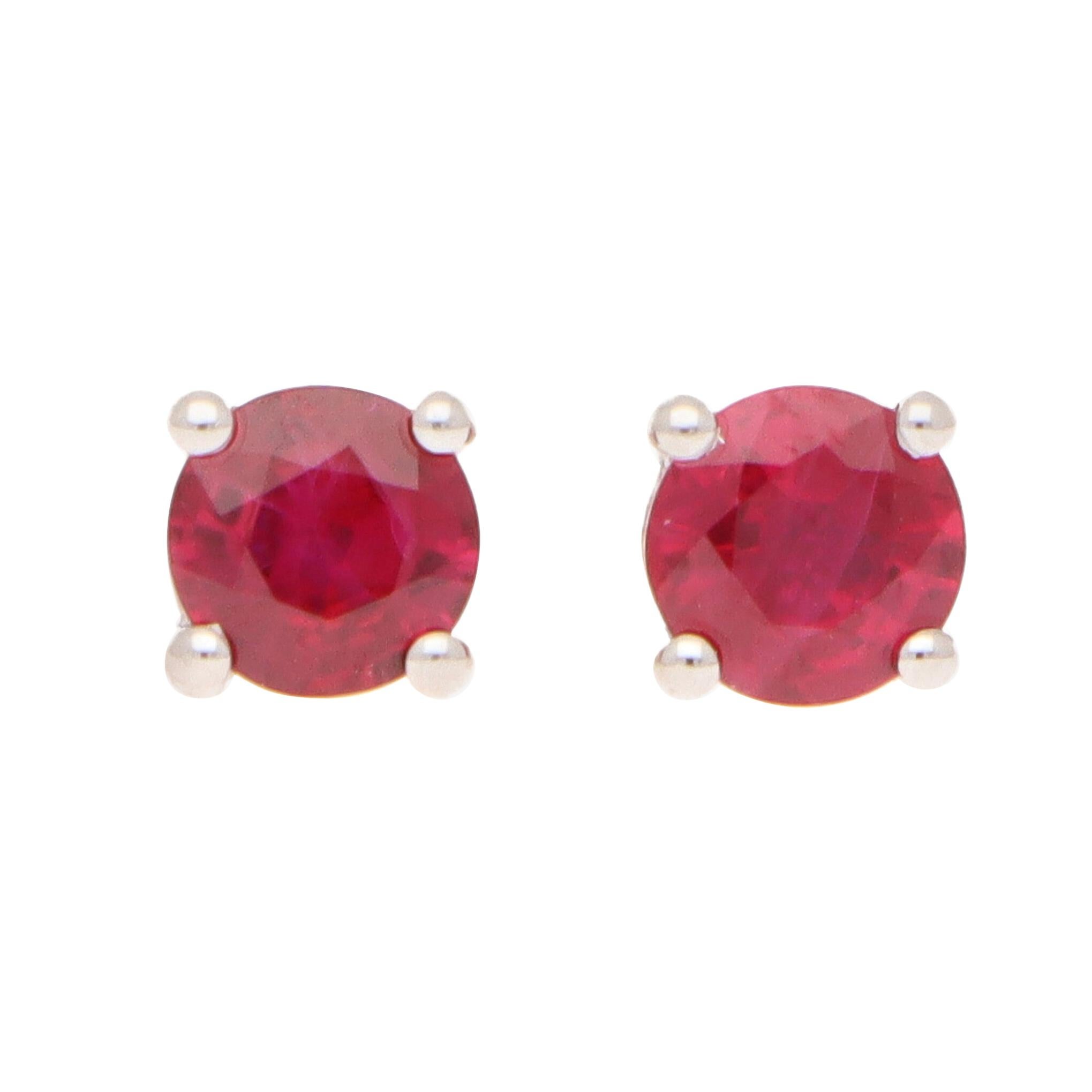 Round Cut 0.59ct Red Ruby Stud Earrings Set in 18k Yellow and White Gold