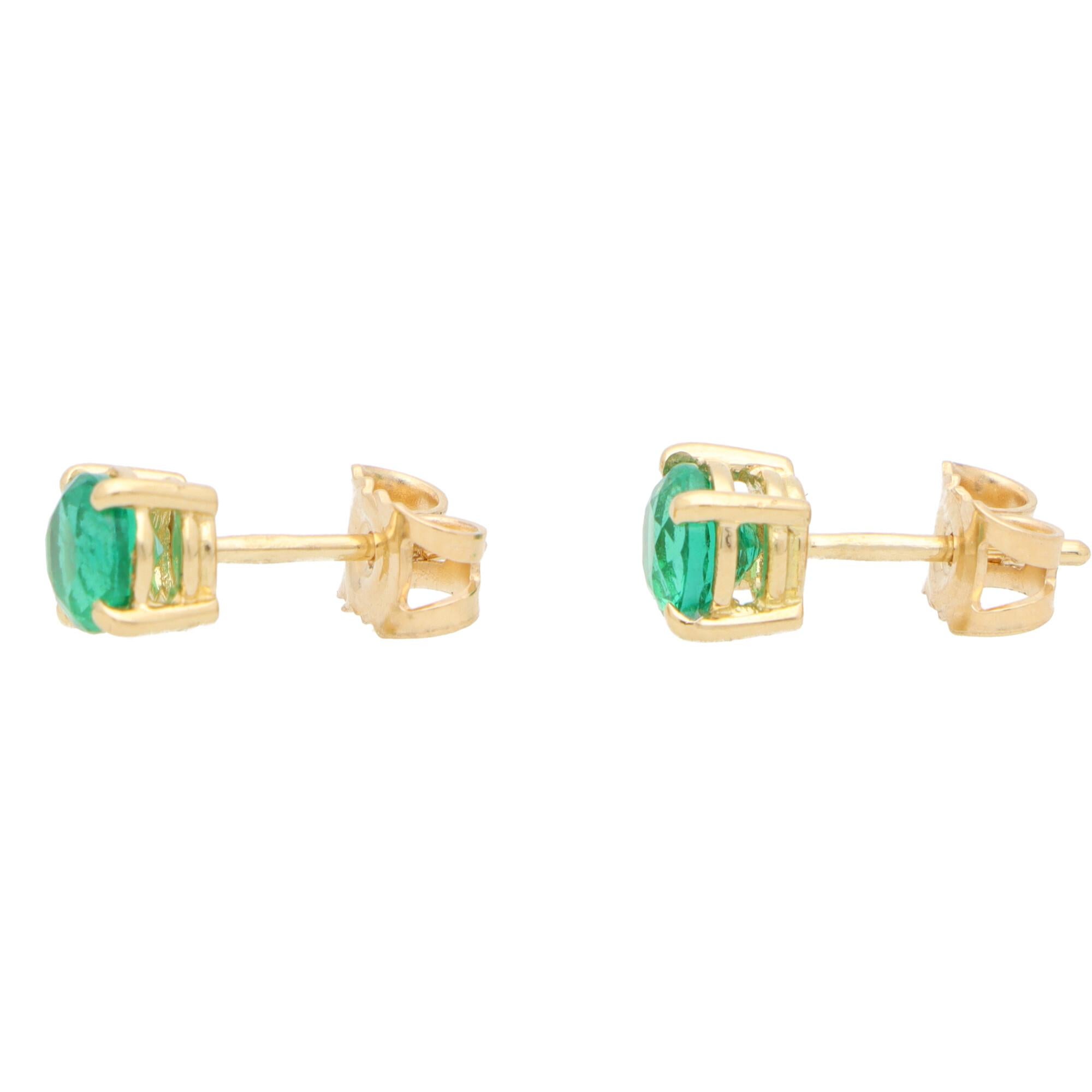 Modern Round Cut 1.15ct Green Emerald Stud Earrings Set in 18k Yellow Gold