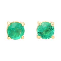 Round Cut 1.15ct Green Emerald Stud Earrings Set in 18k Yellow Gold