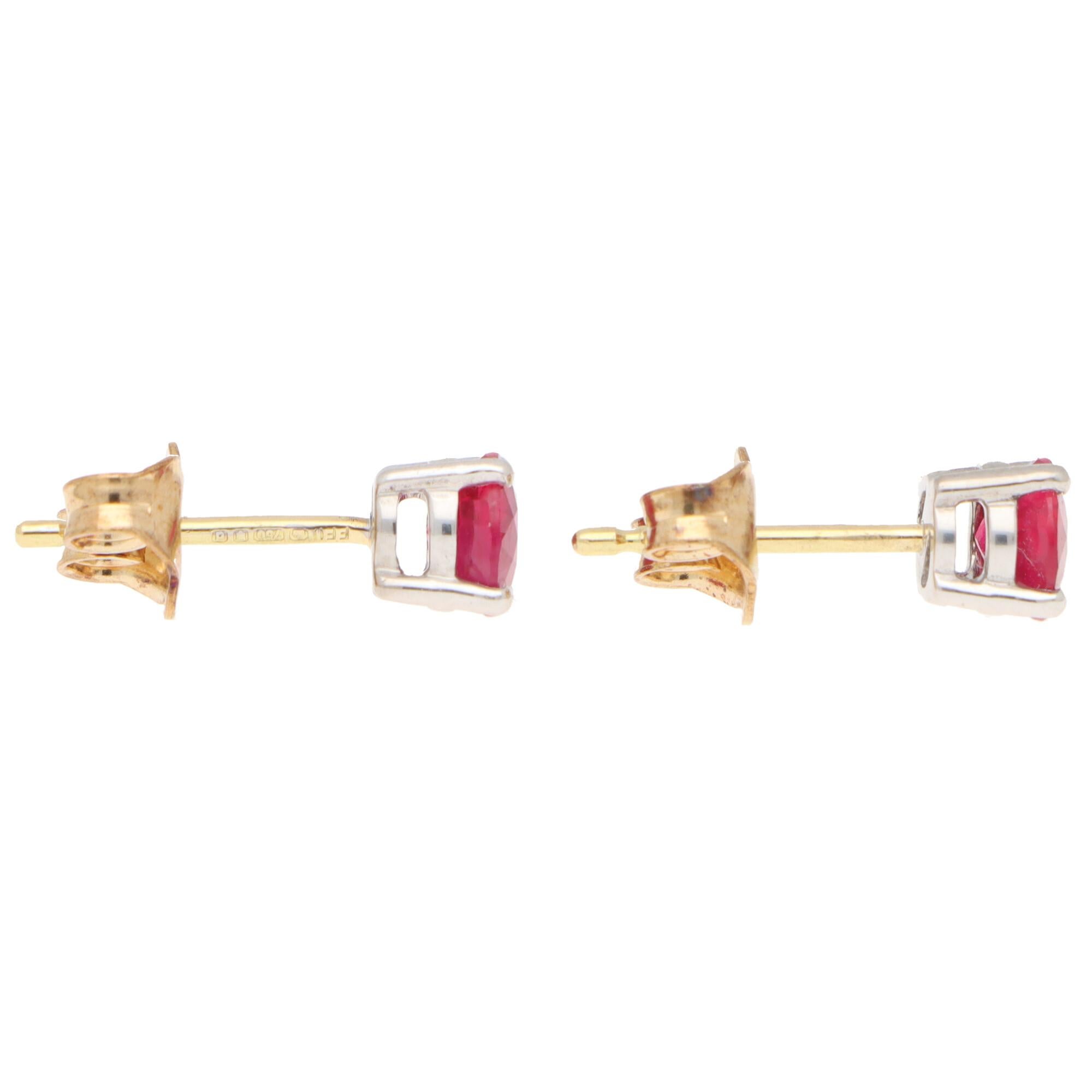 Women's or Men's Round Cut 1.15ct Red Ruby Stud Earrings Set in 18k Yellow and White Gold