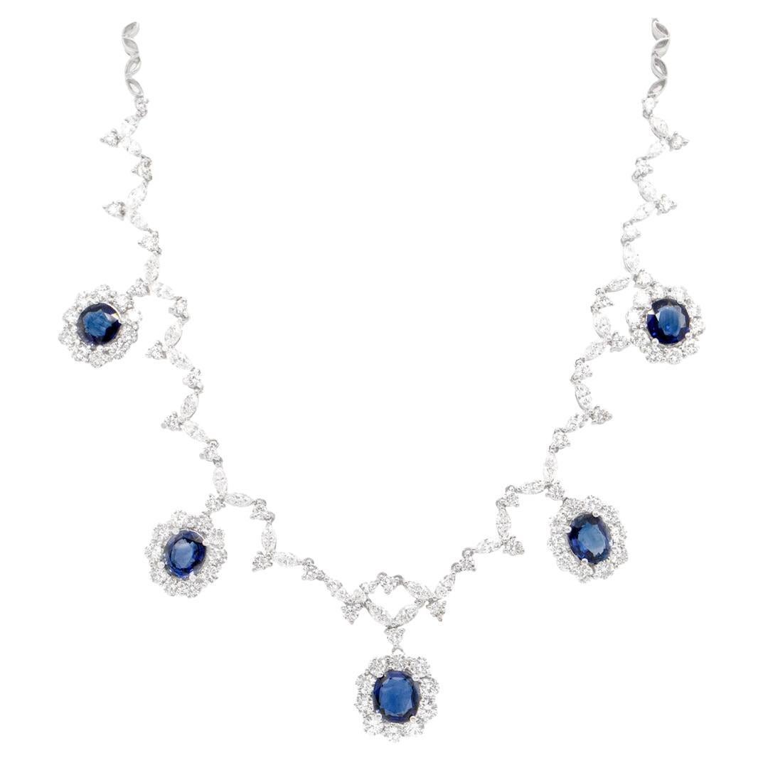 Round Cut 12.48 Carats Sapphires Necklace with 6.48 Carats of Diamonds 18K Gold