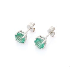 Round Cut 1.63 Carat Green Emerald Stud Earrings Set in 18K White Gold
