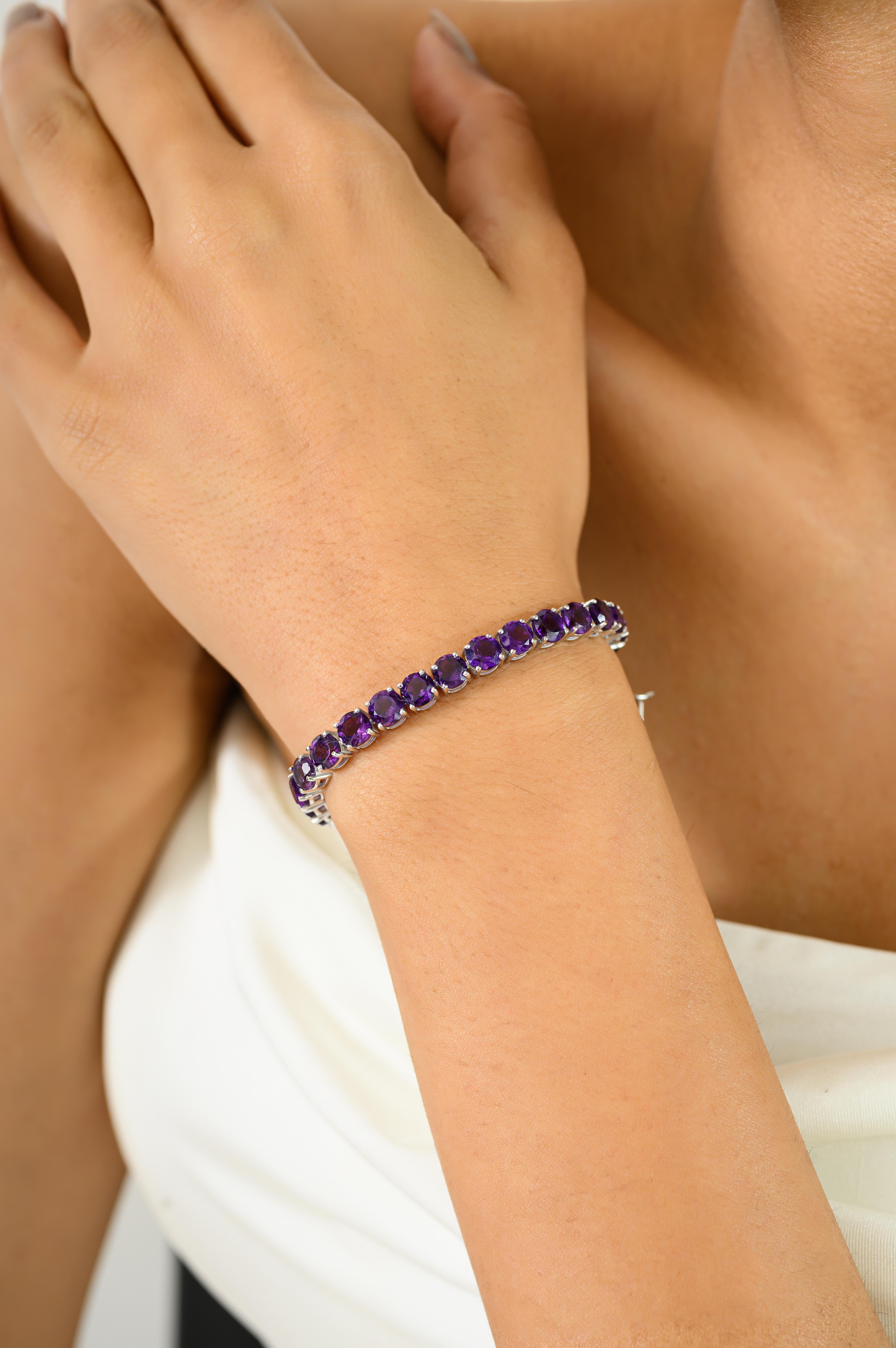 Runde Schnitt 17,30CT lila Amethyst Februar Birthstone Silber Armband für Frauen im Angebot 1