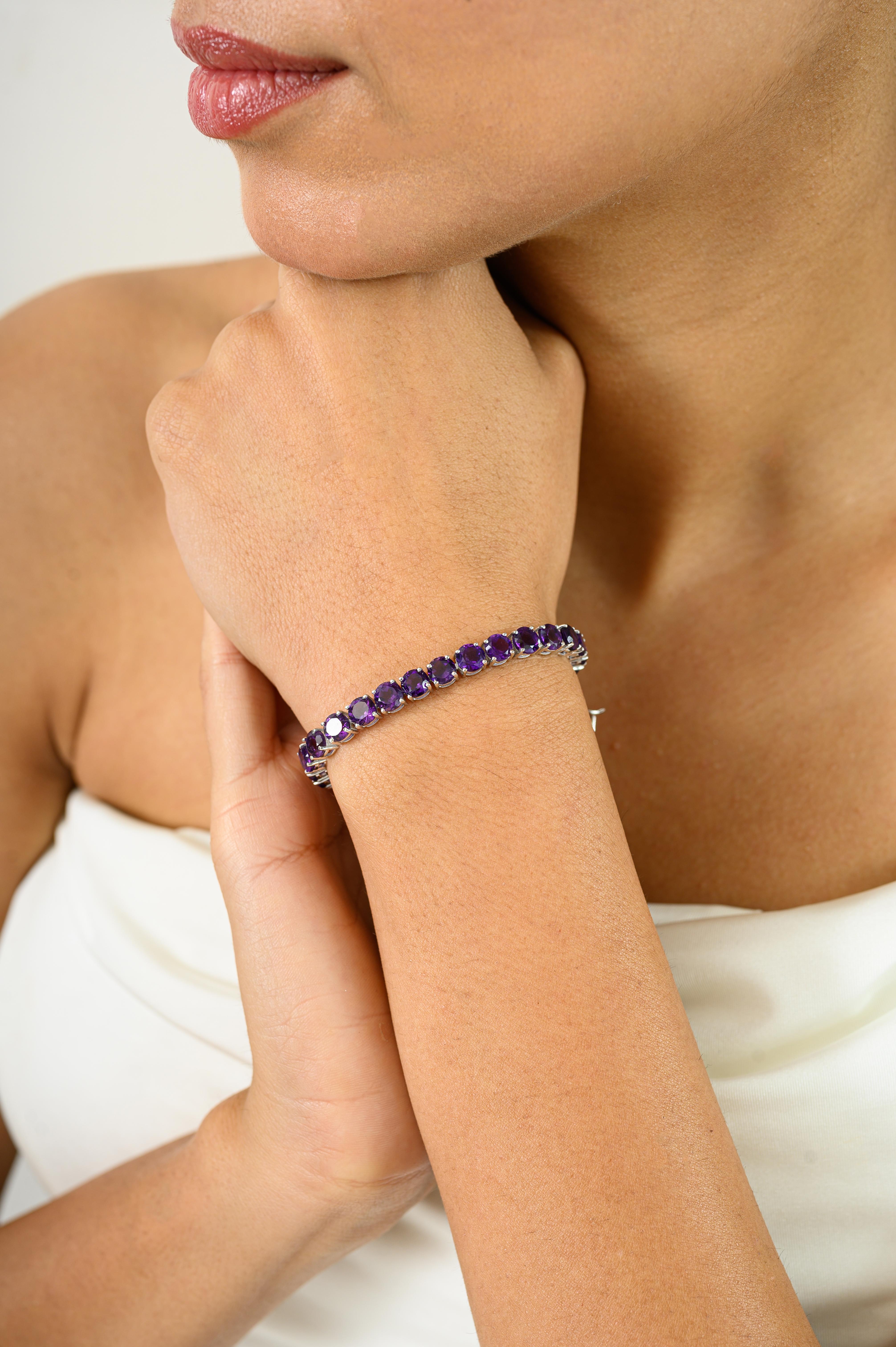 Runde Schnitt 17,30CT lila Amethyst Februar Birthstone Silber Armband für Frauen im Angebot 2