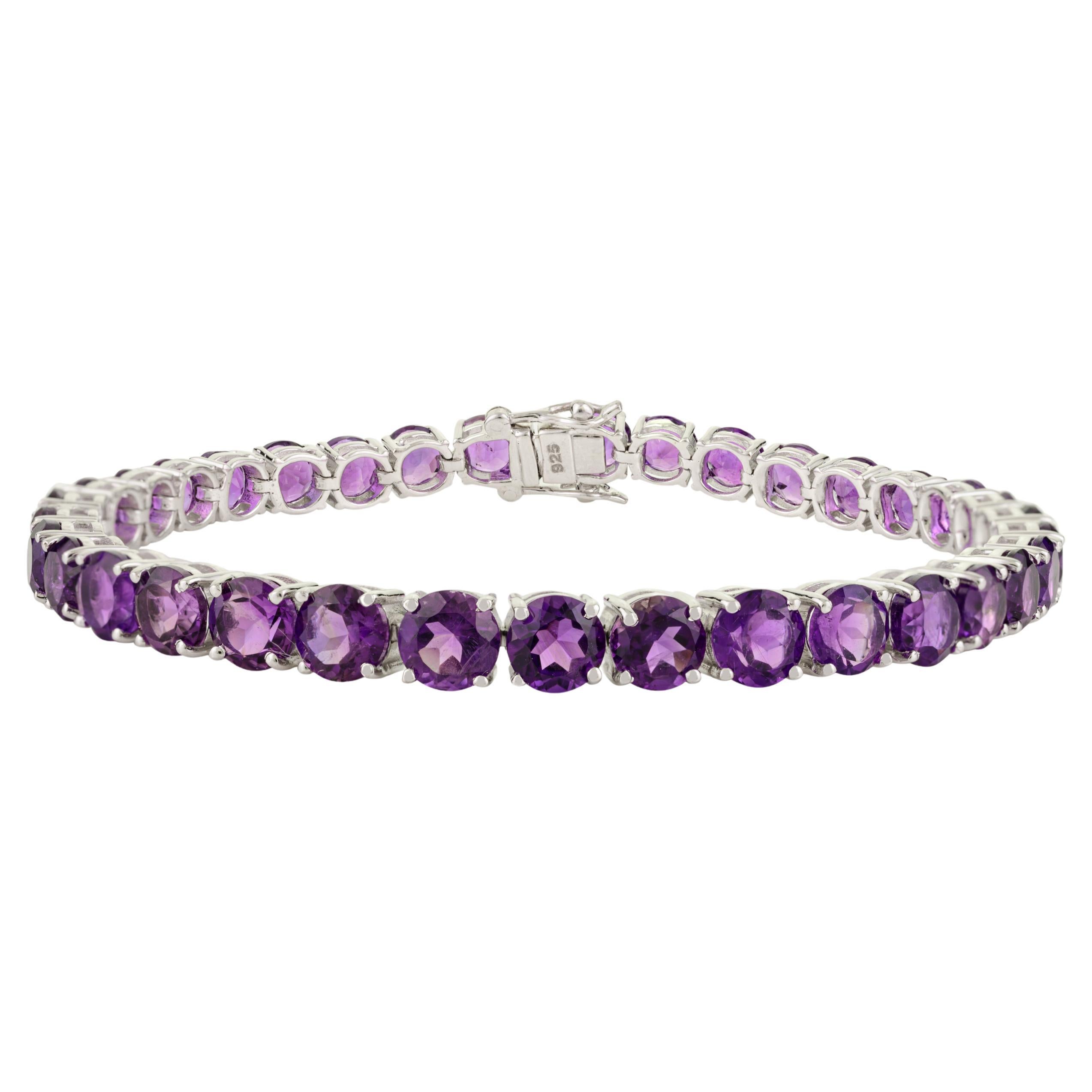 Runde Schnitt 17,30CT lila Amethyst Februar Birthstone Silber Armband für Frauen im Angebot
