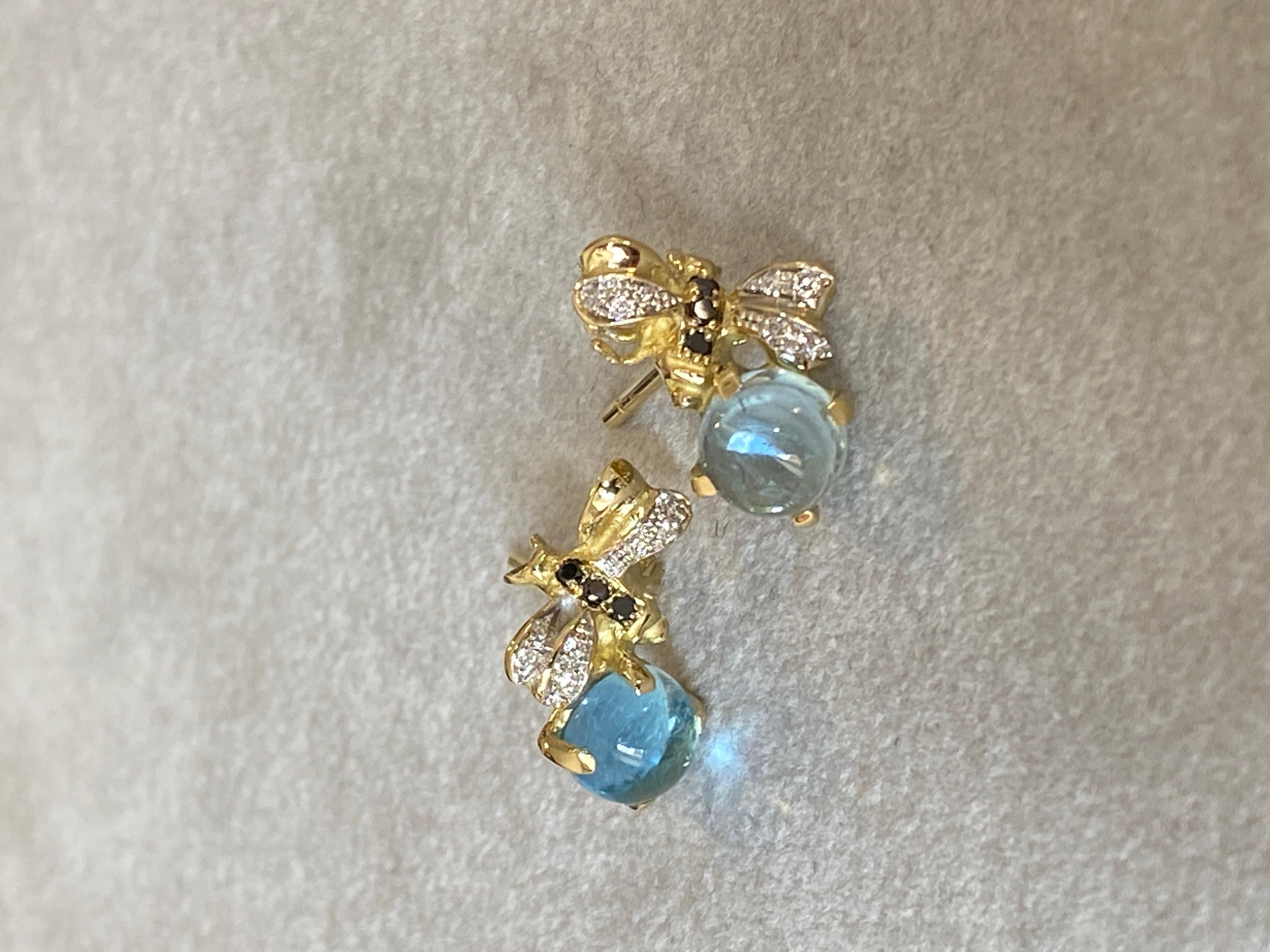 Rossella Ugolini 2.16 Kt Aquamarine 18K Gold Diamonds Bees Stud Earring en vente 7