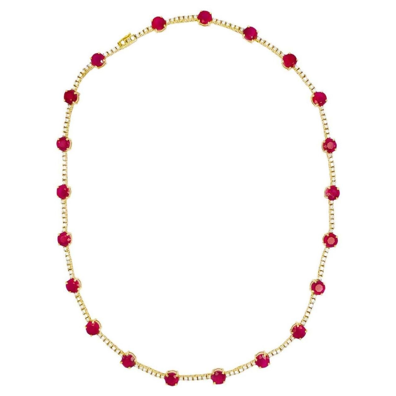Round Cut 25.10 Carats Ruby Necklace with 2.48 Carats of Diamonds 18K Gold