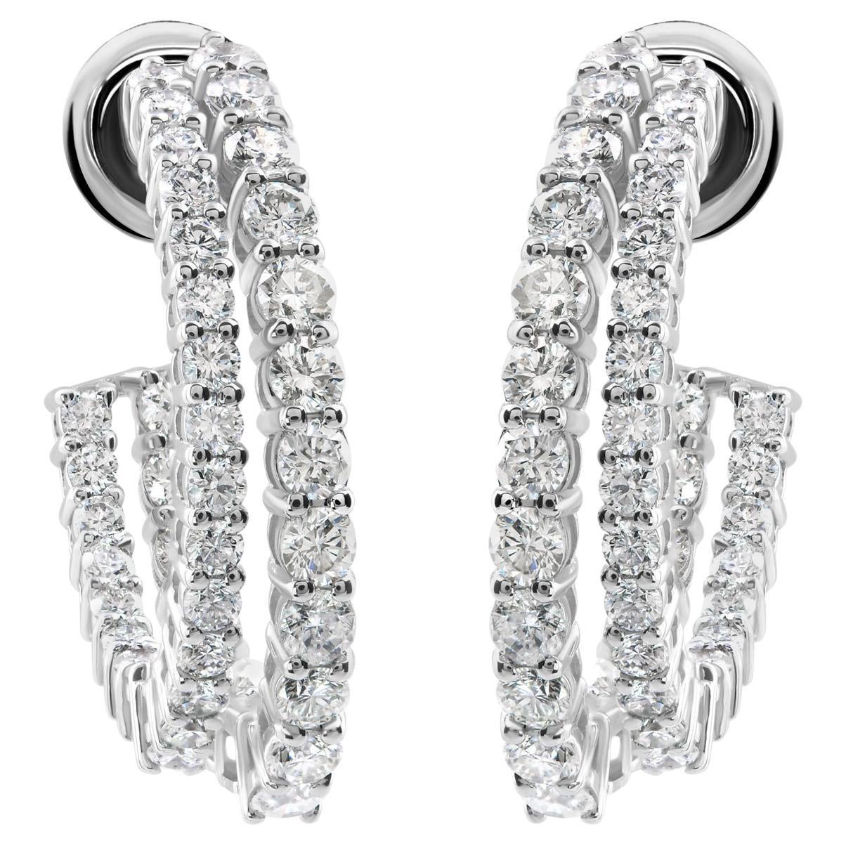 Natural Diamond Double Hoop Earrings 2.95 Carats 14K White Gold 21mm