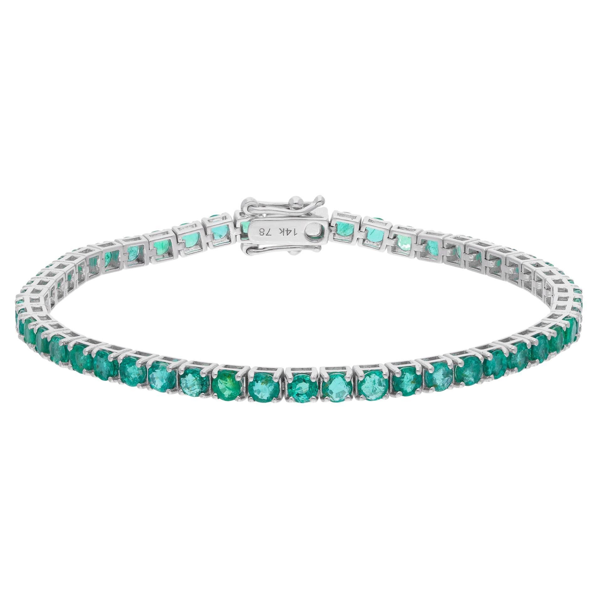 Corte redondo 5.80Ct Esmeralda de Zambia Piedra Preciosa Pulsera de Tenis Joyería de Oro Blanco de 14k Art Decó en venta