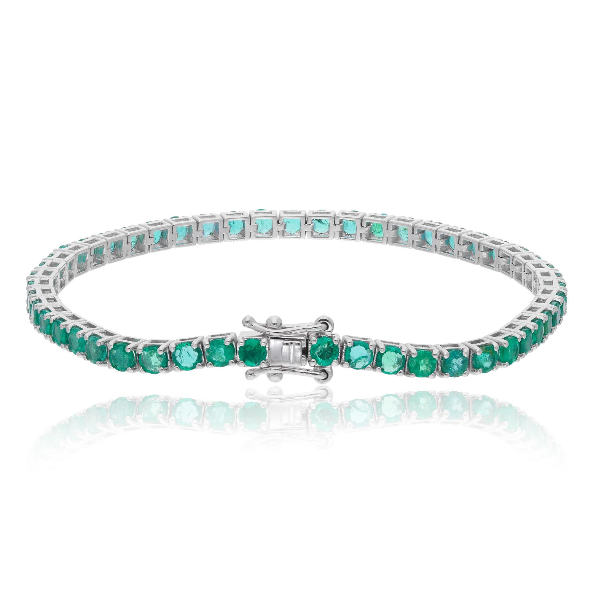Corte redondo 5.80Ct Esmeralda de Zambia Piedra Preciosa Pulsera de Tenis Joyería de Oro Blanco de 14k en venta 1