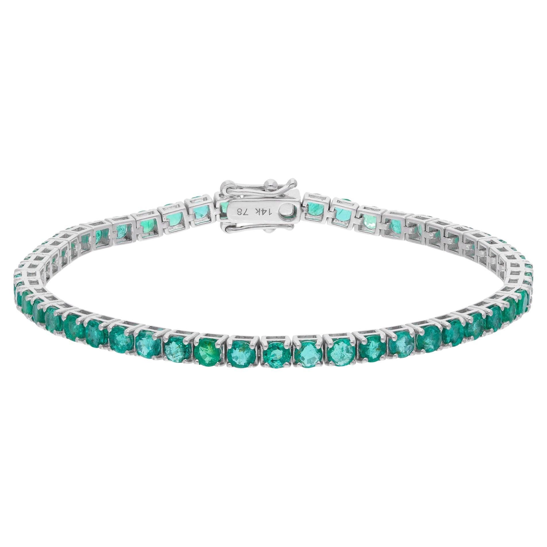 Round Cut Zambian Emerald May Birthstone 14 Karat White Gold Tennis Bracelet