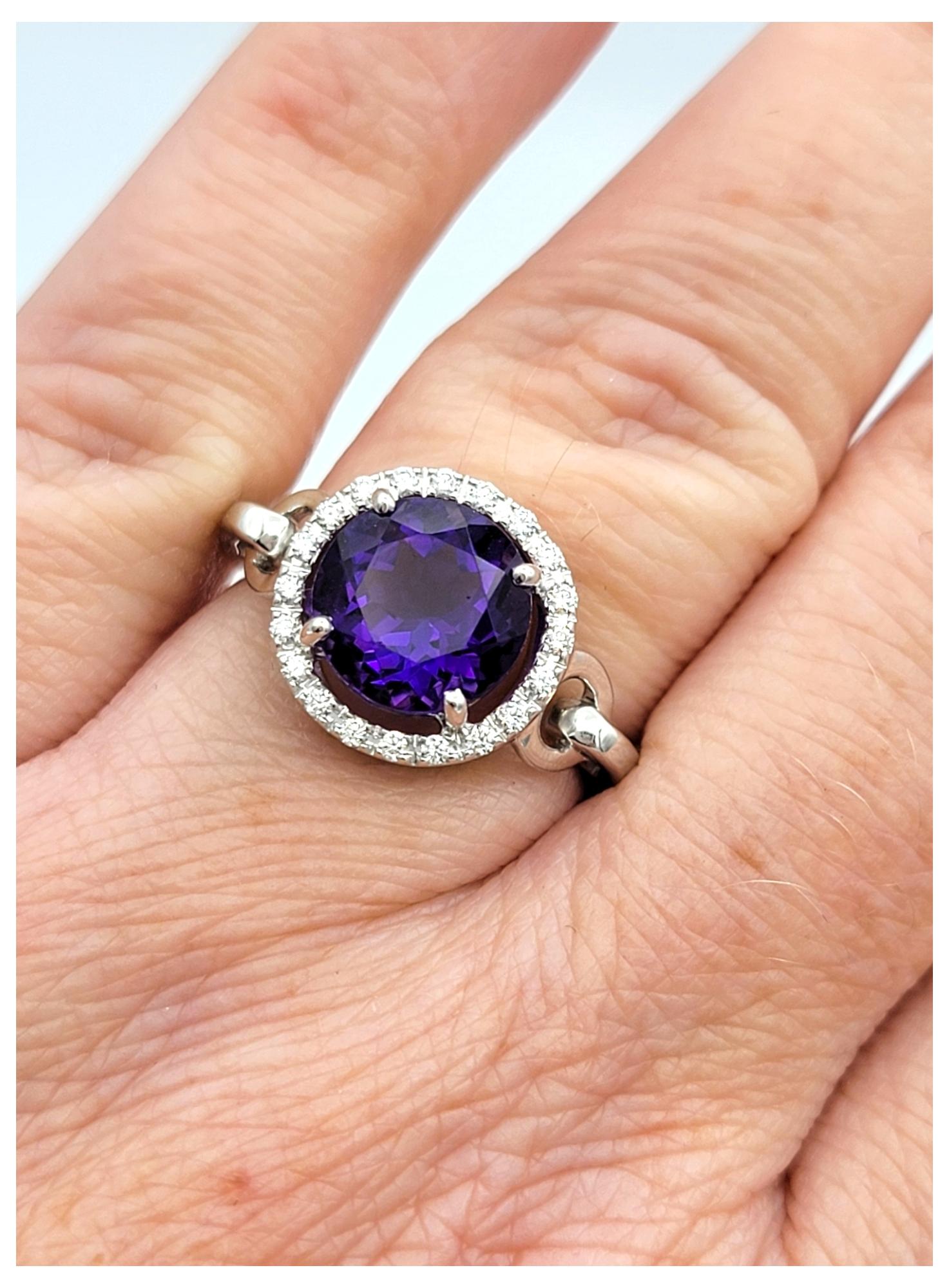 Round Cut Amethyst and Diamond Halo Cocktail Ring in 14 Karat White Gold For Sale 5