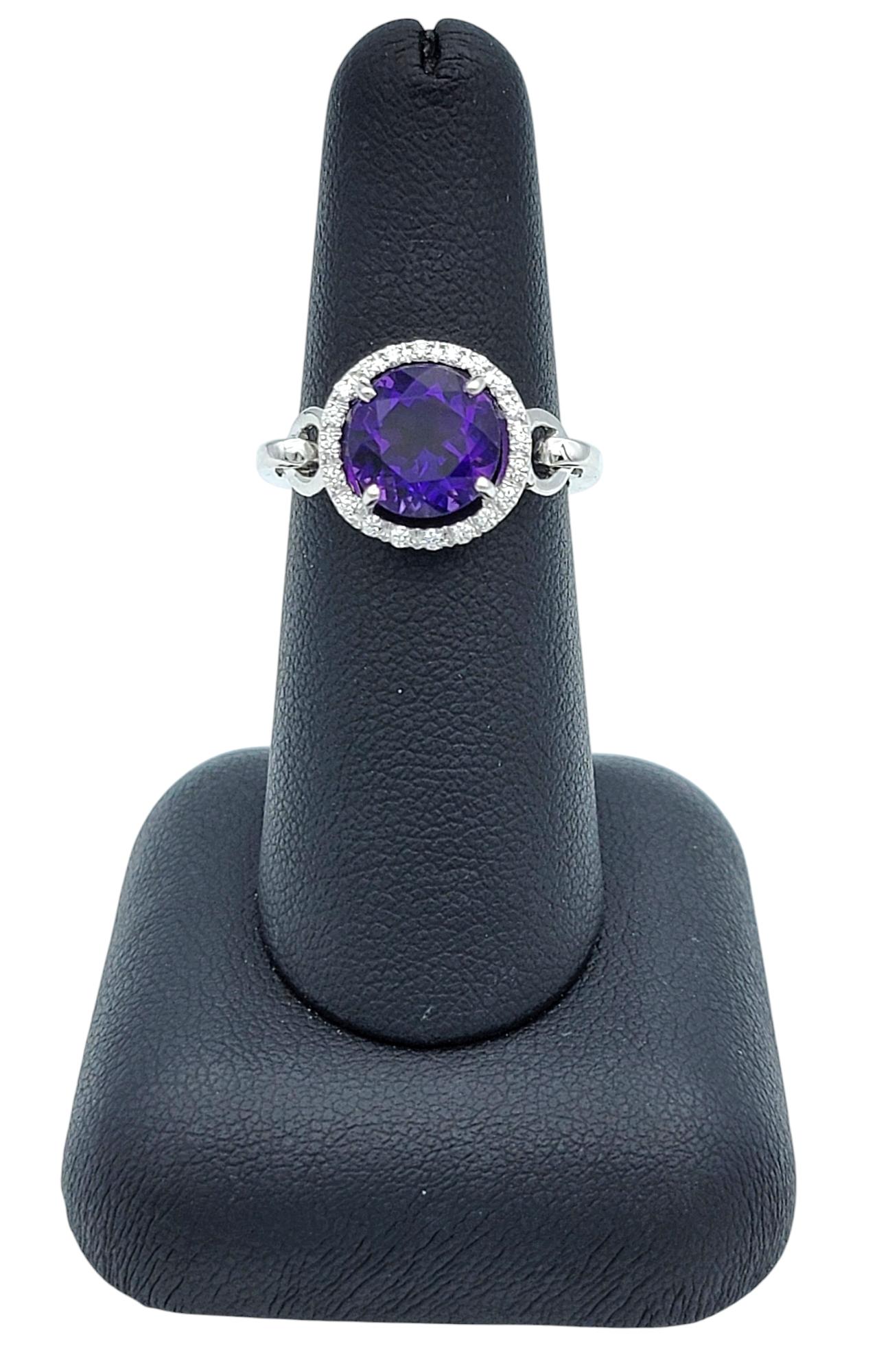 Round Cut Amethyst and Diamond Halo Cocktail Ring in 14 Karat White Gold For Sale 6