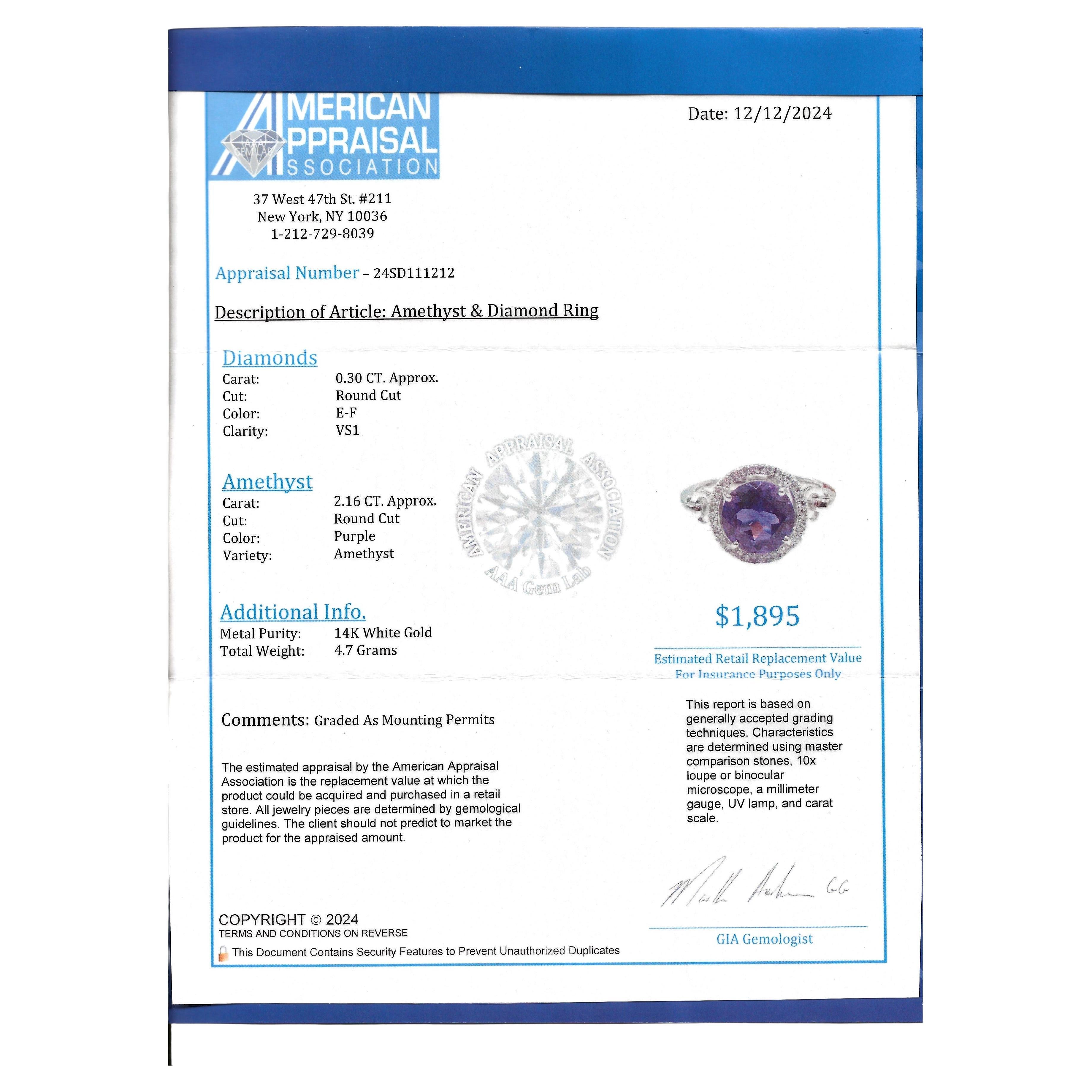 Round Cut Amethyst and Diamond Halo Cocktail Ring in 14 Karat White Gold For Sale 8