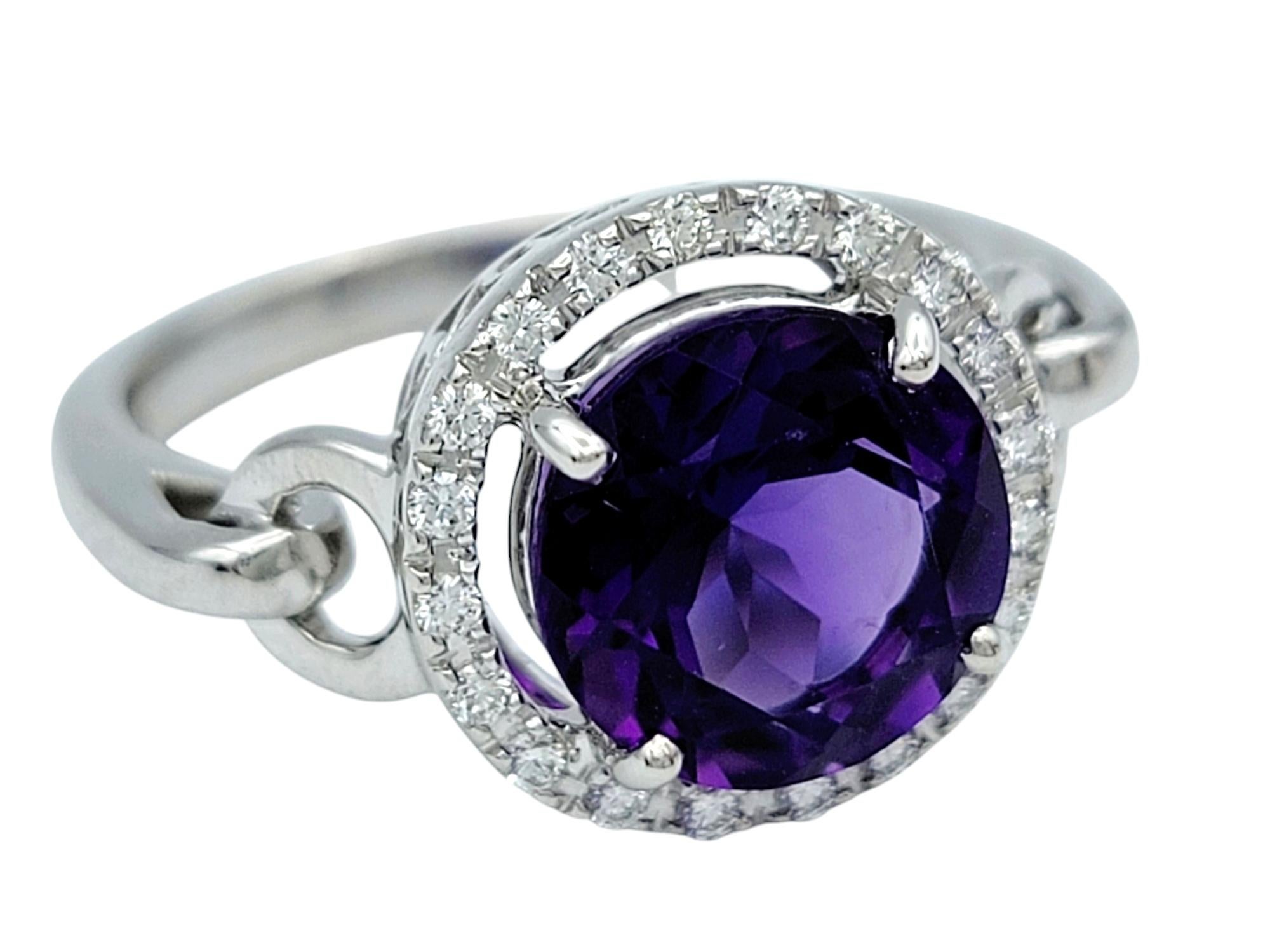 Contemporary Round Cut Amethyst and Diamond Halo Cocktail Ring in 14 Karat White Gold For Sale