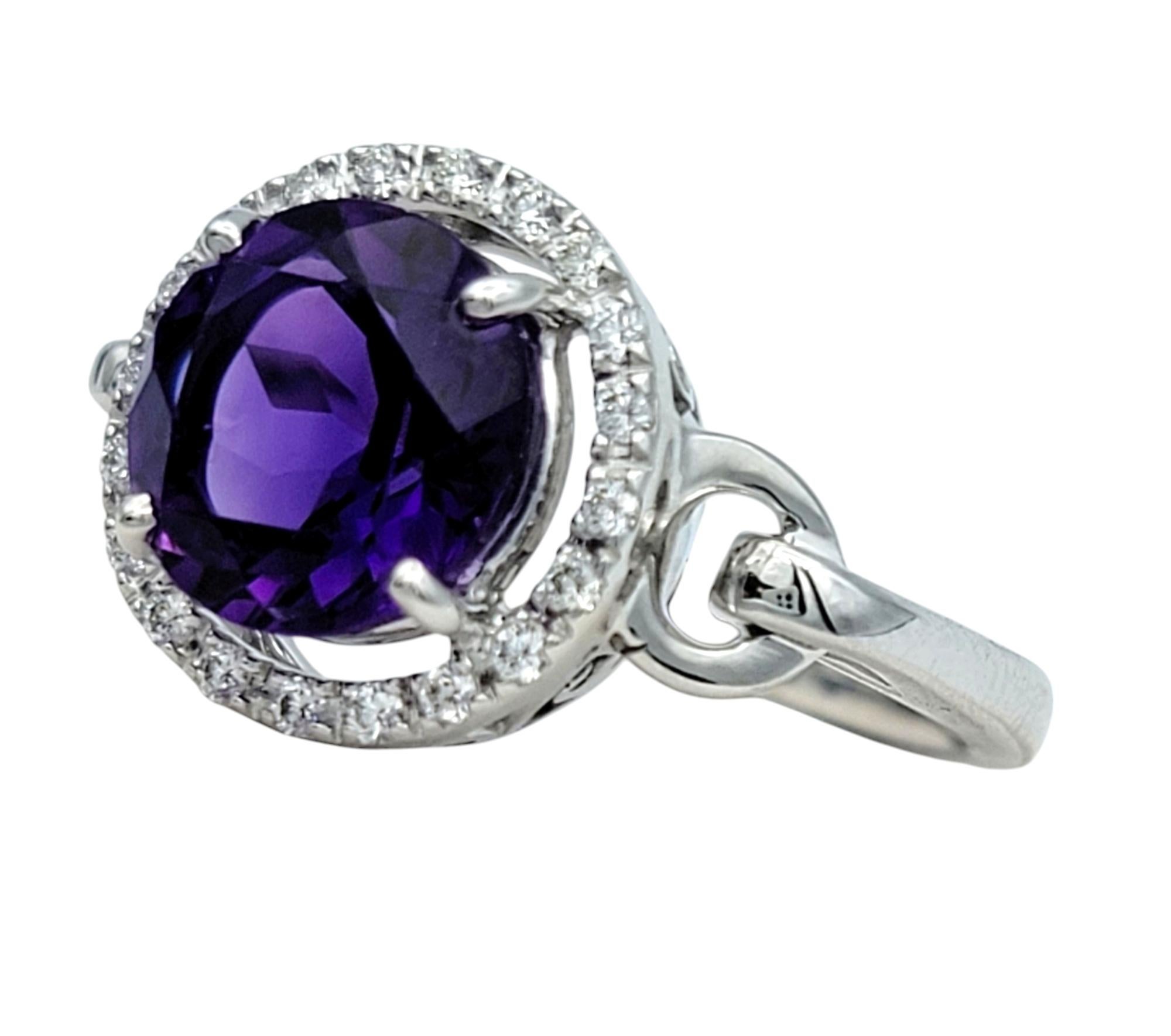 Round Cut Amethyst and Diamond Halo Cocktail Ring in 14 Karat White Gold In Good Condition For Sale In Scottsdale, AZ