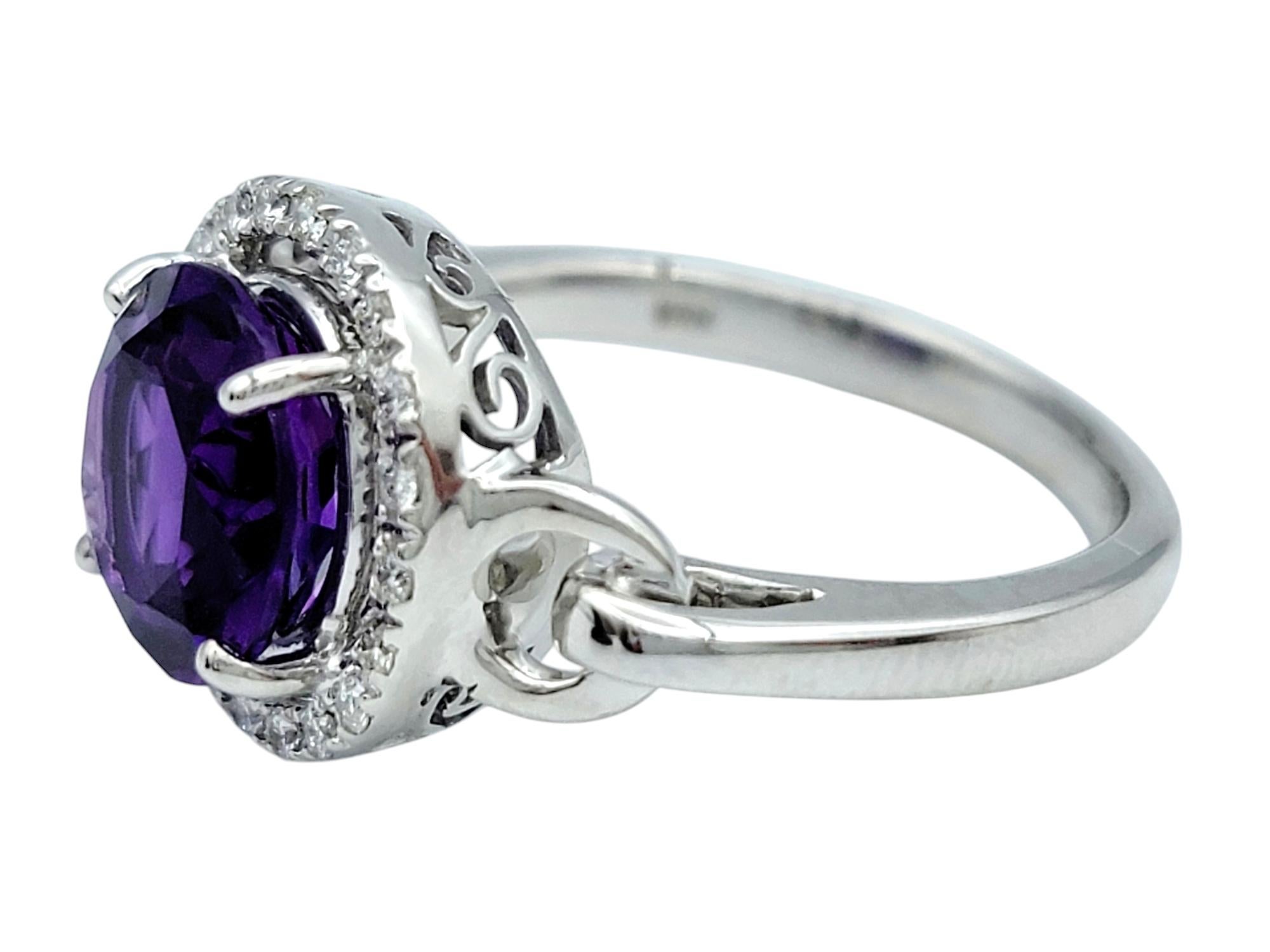 Women's Round Cut Amethyst and Diamond Halo Cocktail Ring in 14 Karat White Gold For Sale