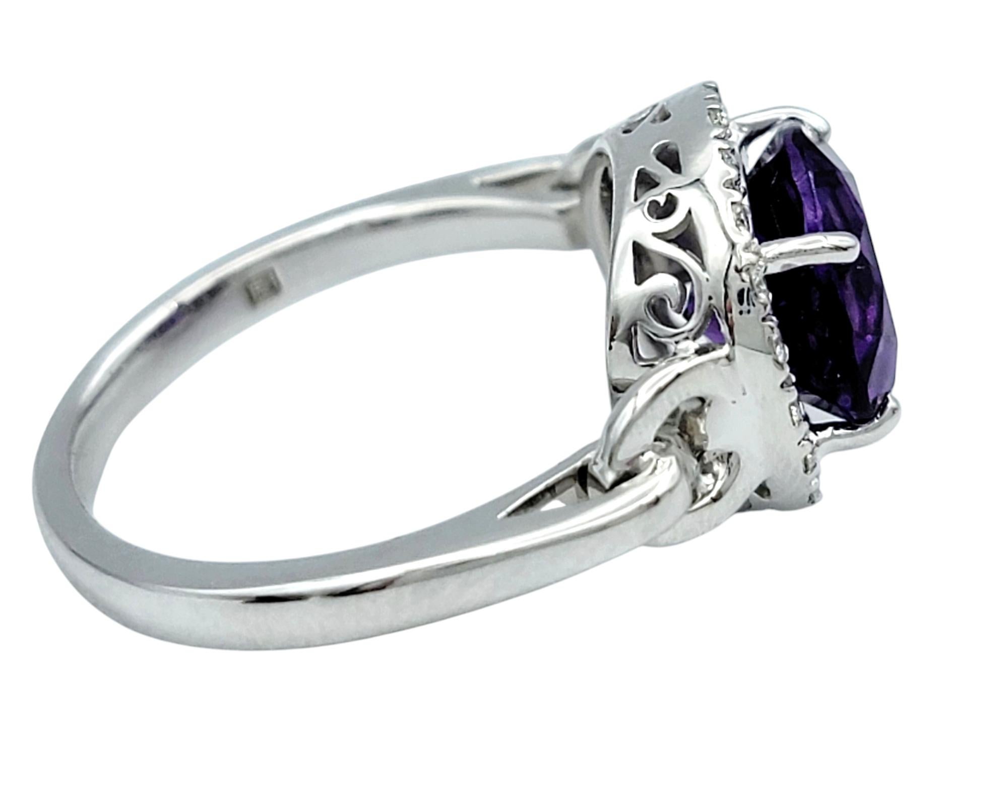 Round Cut Amethyst and Diamond Halo Cocktail Ring in 14 Karat White Gold For Sale 1