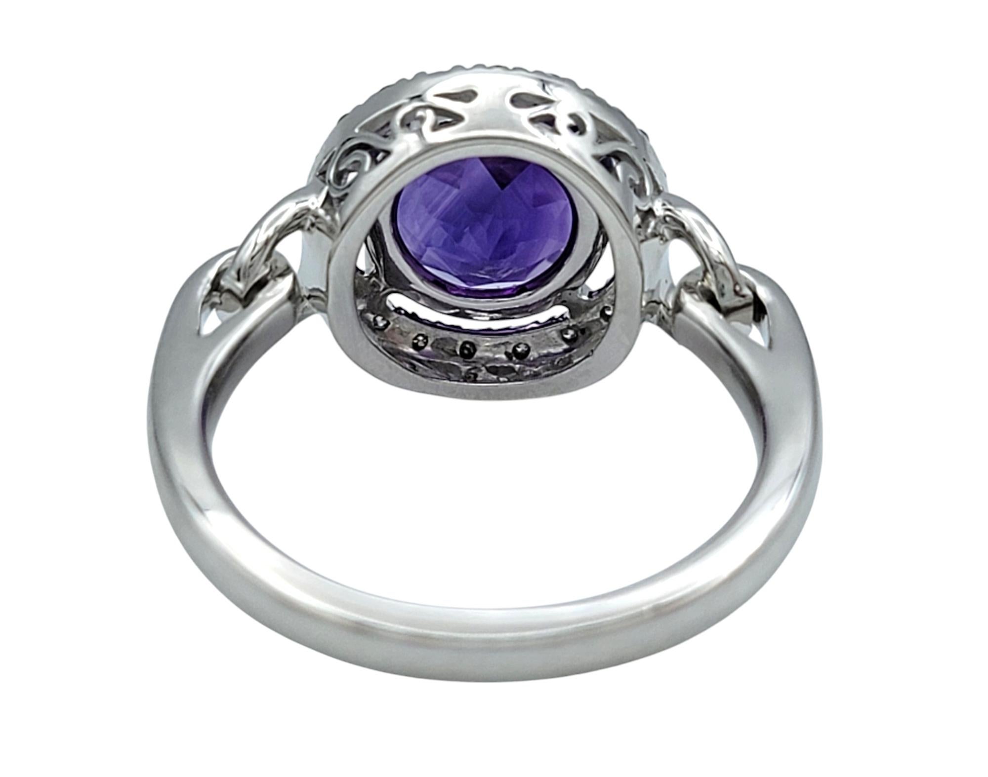Round Cut Amethyst and Diamond Halo Cocktail Ring in 14 Karat White Gold For Sale 2
