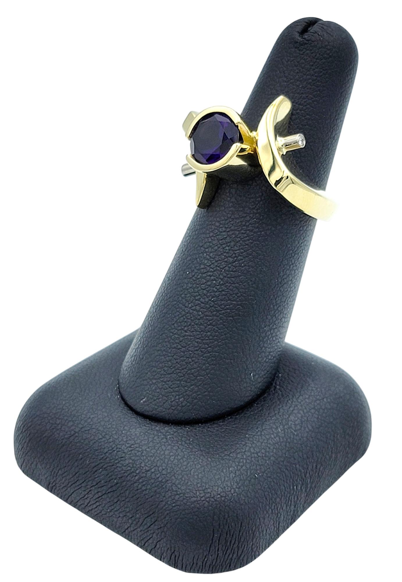 Round Cut Amethyst Asymmetrical Ring with Diamonds 14 Karat Yellow & White Gold For Sale 6