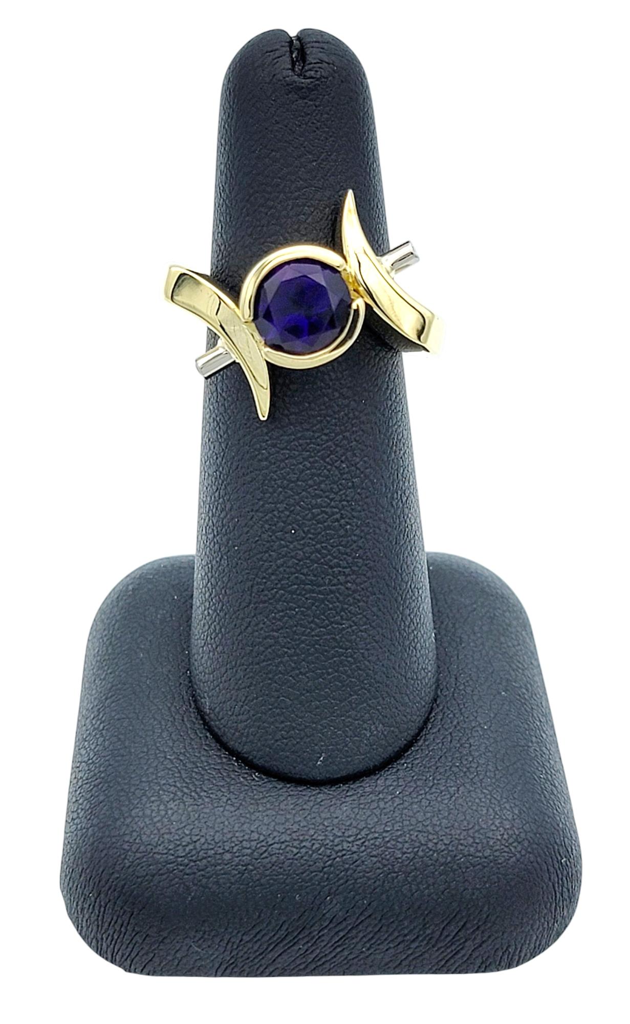 Round Cut Amethyst Asymmetrical Ring with Diamonds 14 Karat Yellow & White Gold For Sale 7