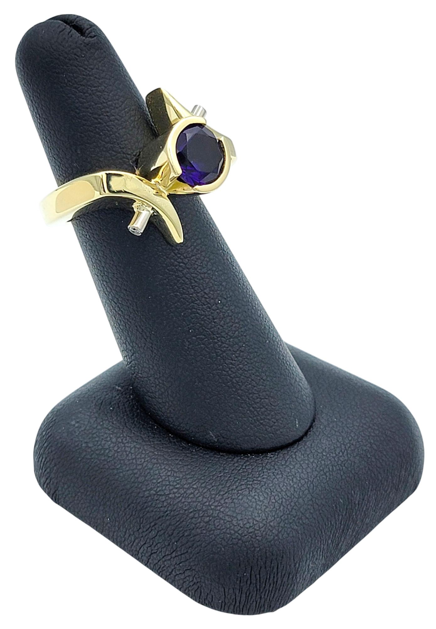 Round Cut Amethyst Asymmetrical Ring with Diamonds 14 Karat Yellow & White Gold For Sale 8
