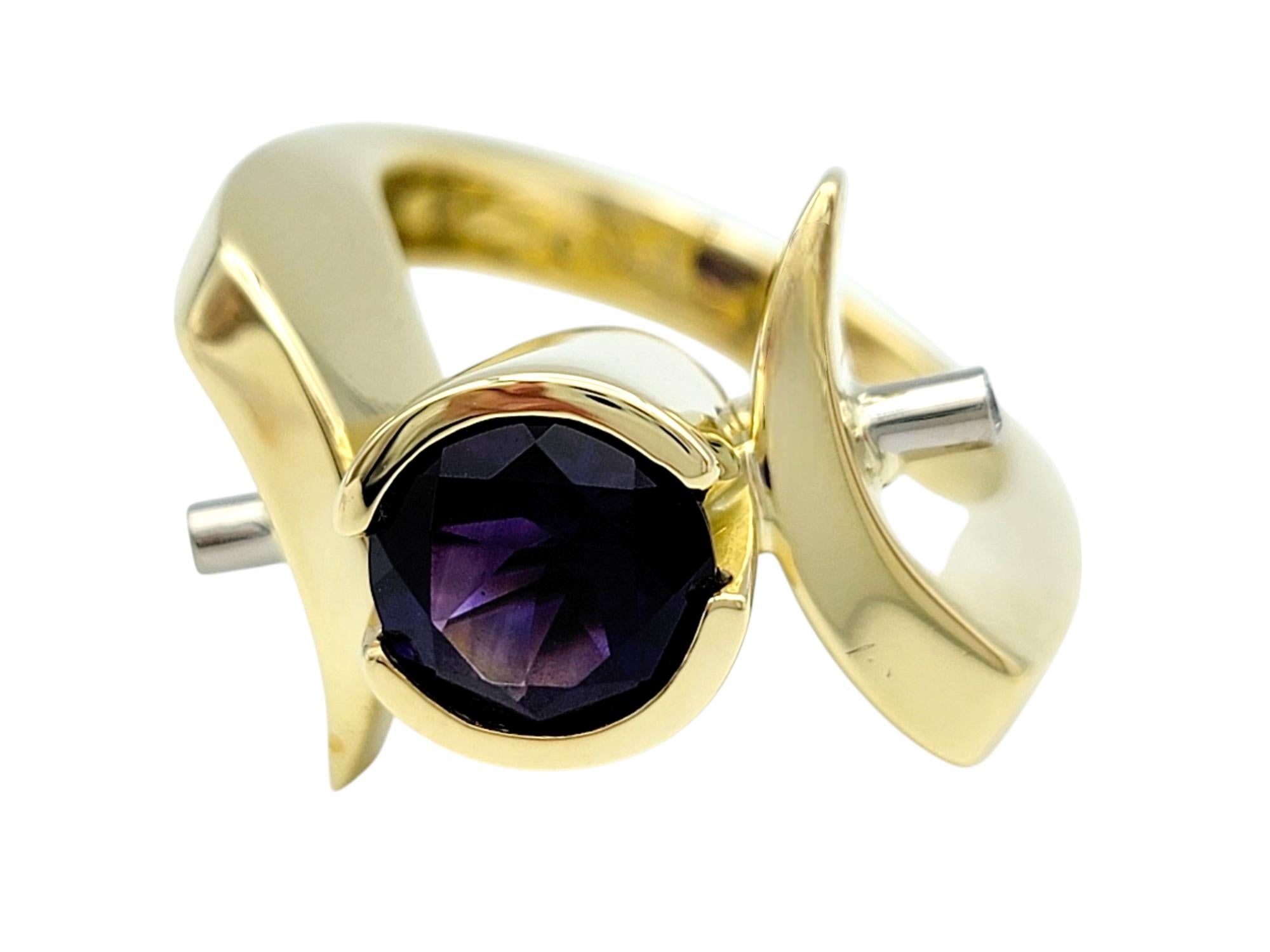 Contemporary Round Cut Amethyst Asymmetrical Ring with Diamonds 14 Karat Yellow & White Gold For Sale