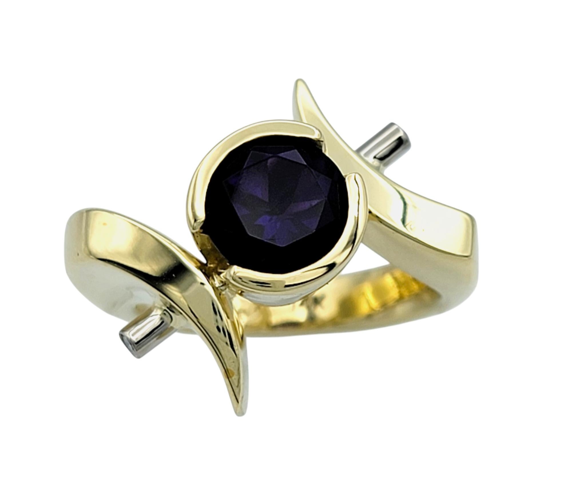 Round Cut Amethyst Asymmetrical Ring with Diamonds 14 Karat Yellow & White Gold In Good Condition For Sale In Scottsdale, AZ