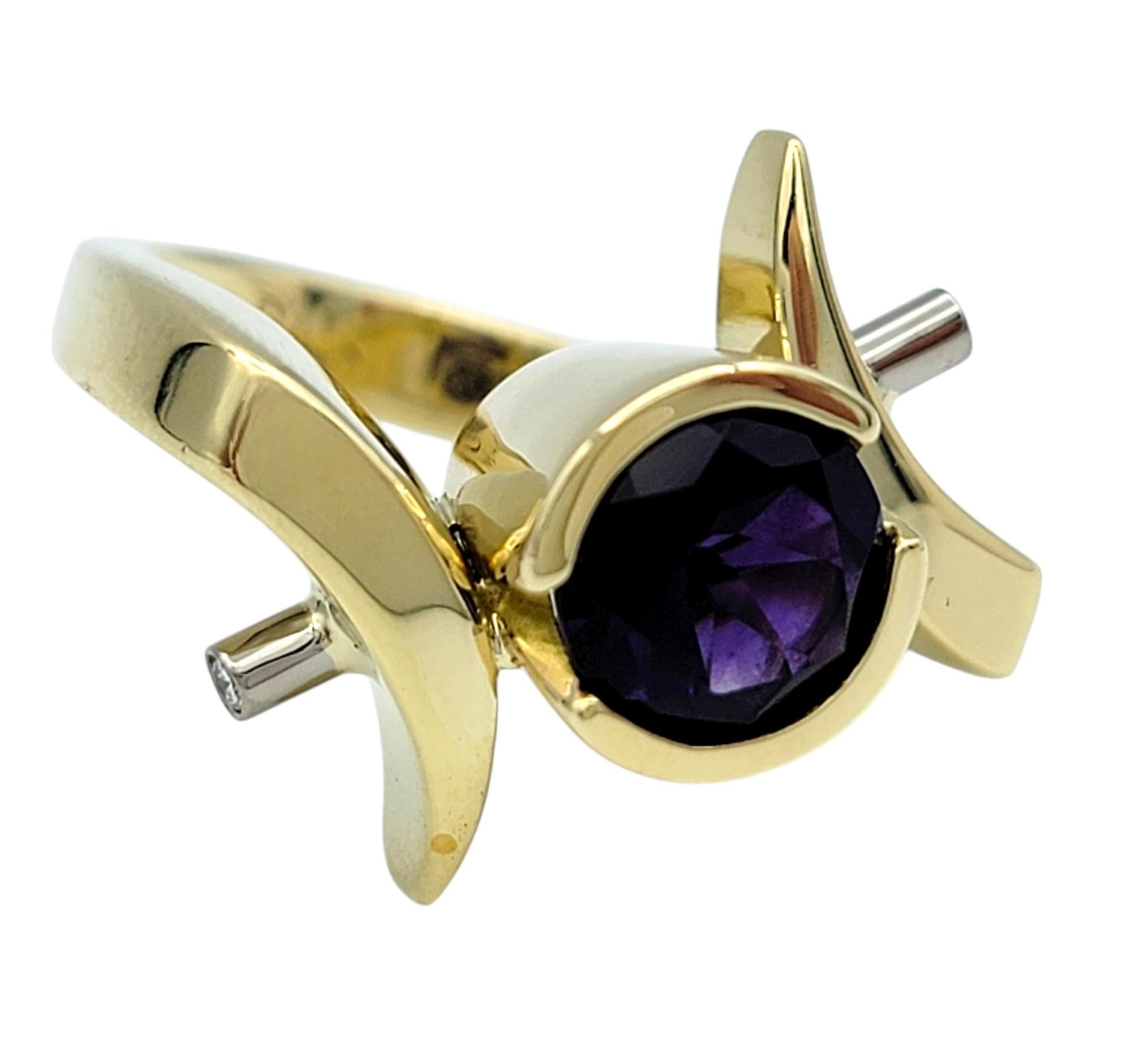 Women's Round Cut Amethyst Asymmetrical Ring with Diamonds 14 Karat Yellow & White Gold For Sale