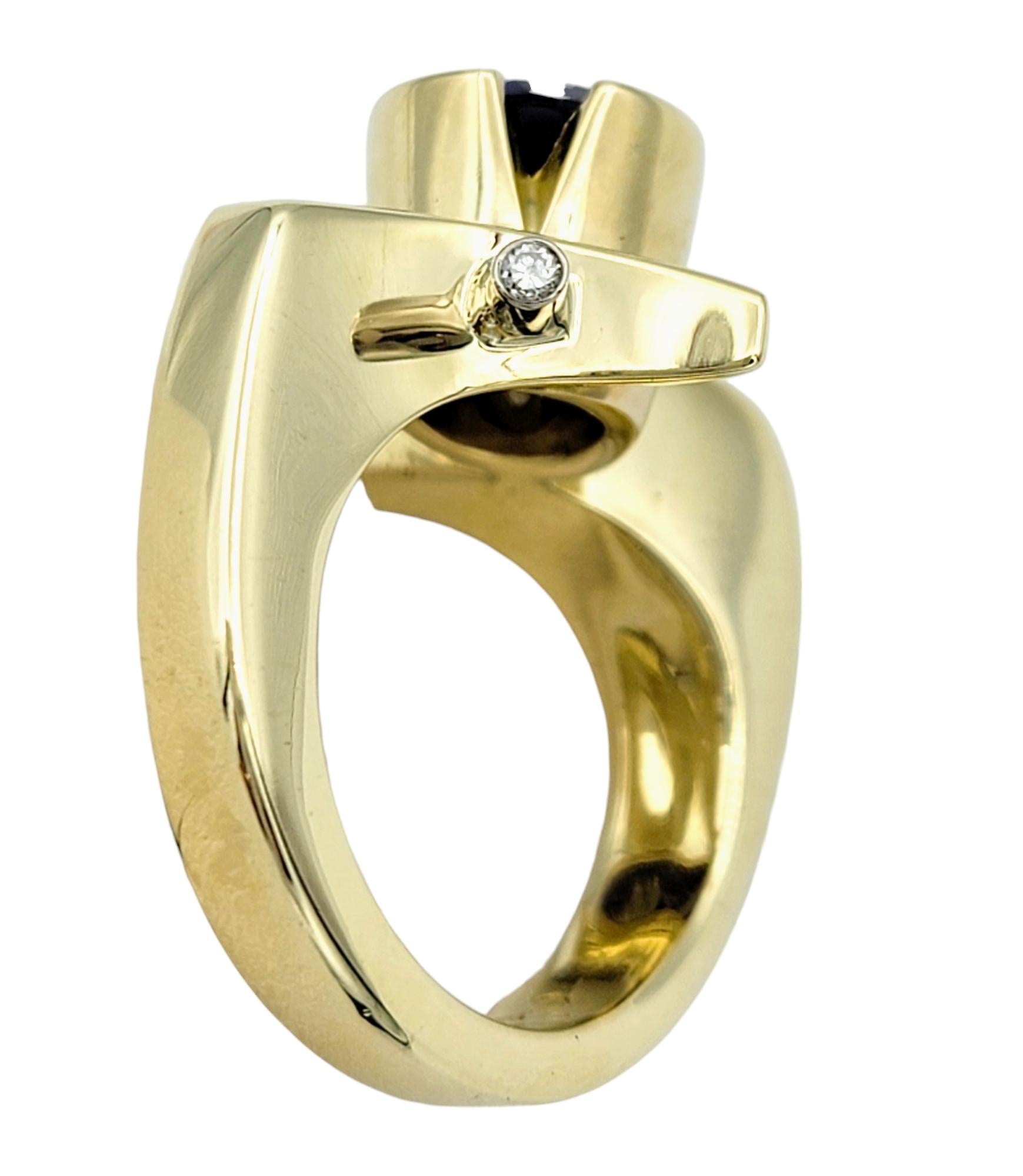Round Cut Amethyst Asymmetrical Ring with Diamonds 14 Karat Yellow & White Gold For Sale 1