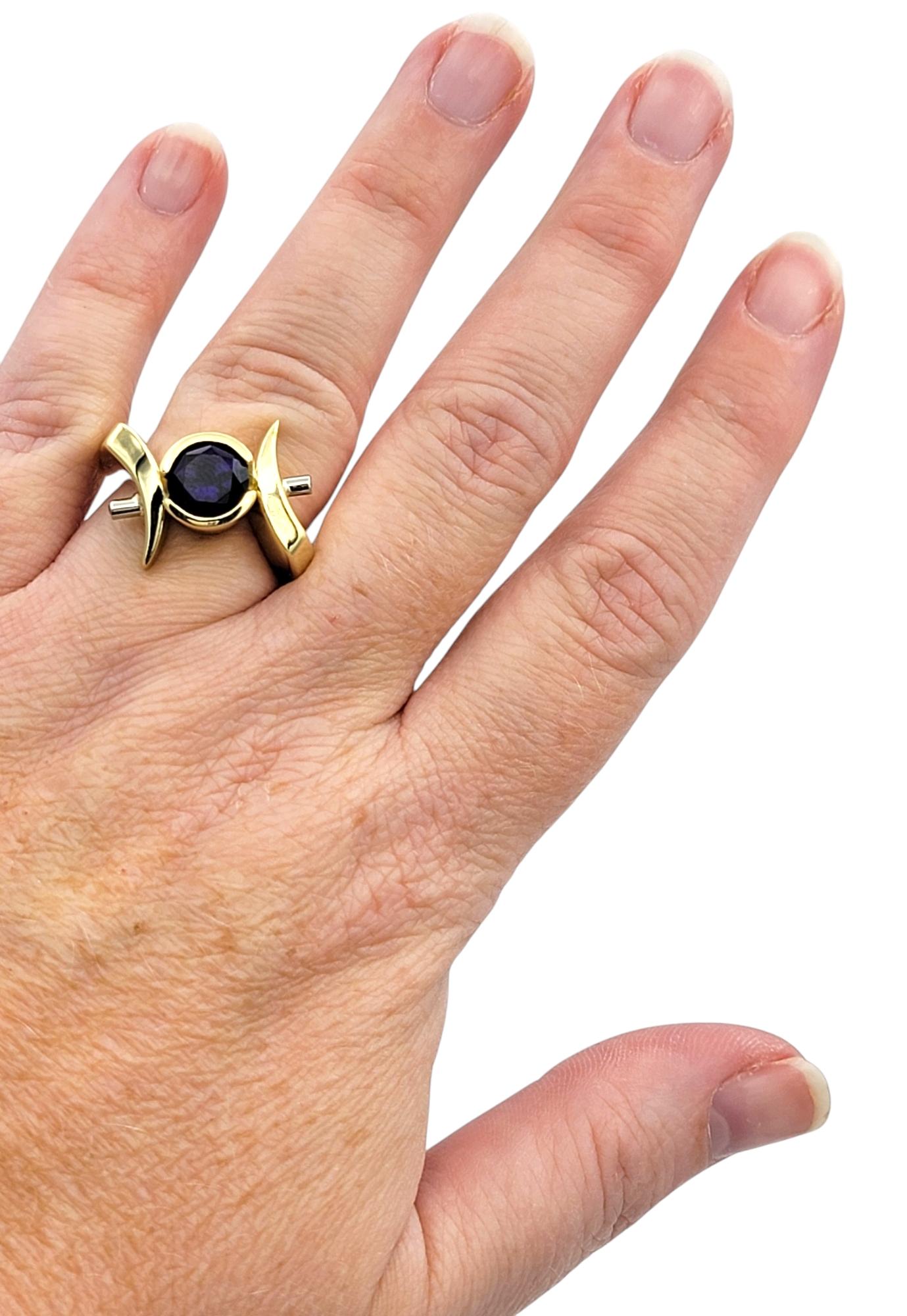 Round Cut Amethyst Asymmetrical Ring with Diamonds 14 Karat Yellow & White Gold For Sale 4