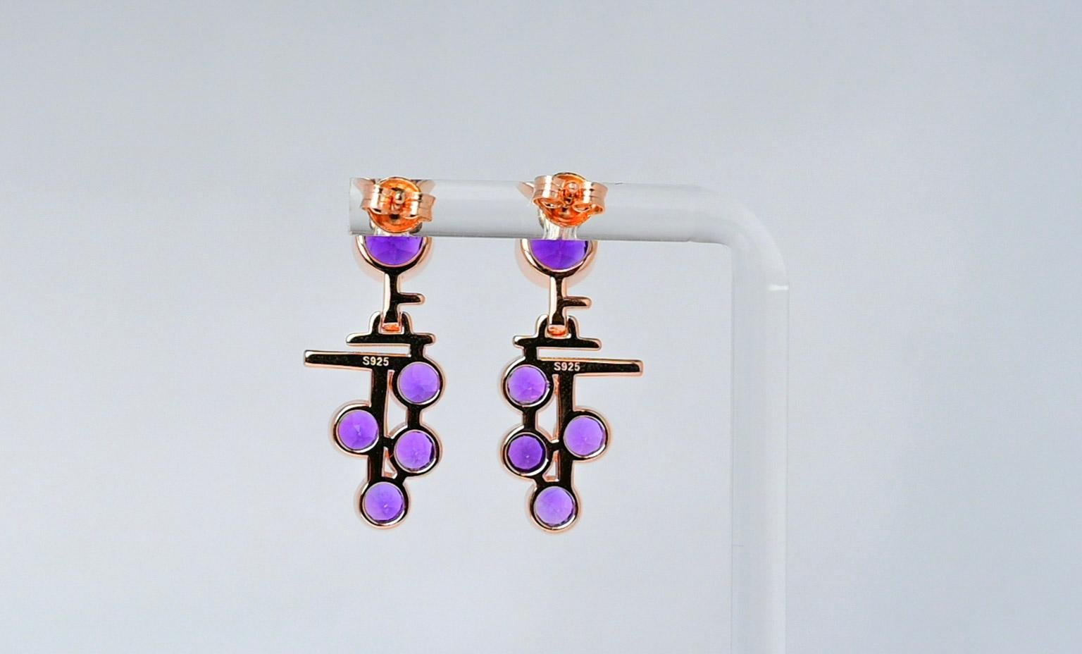 Anglo-Indian Round Cut Amethyst Earrings Art Deco 18K Rose Gold Earrings For Women Purple Gem